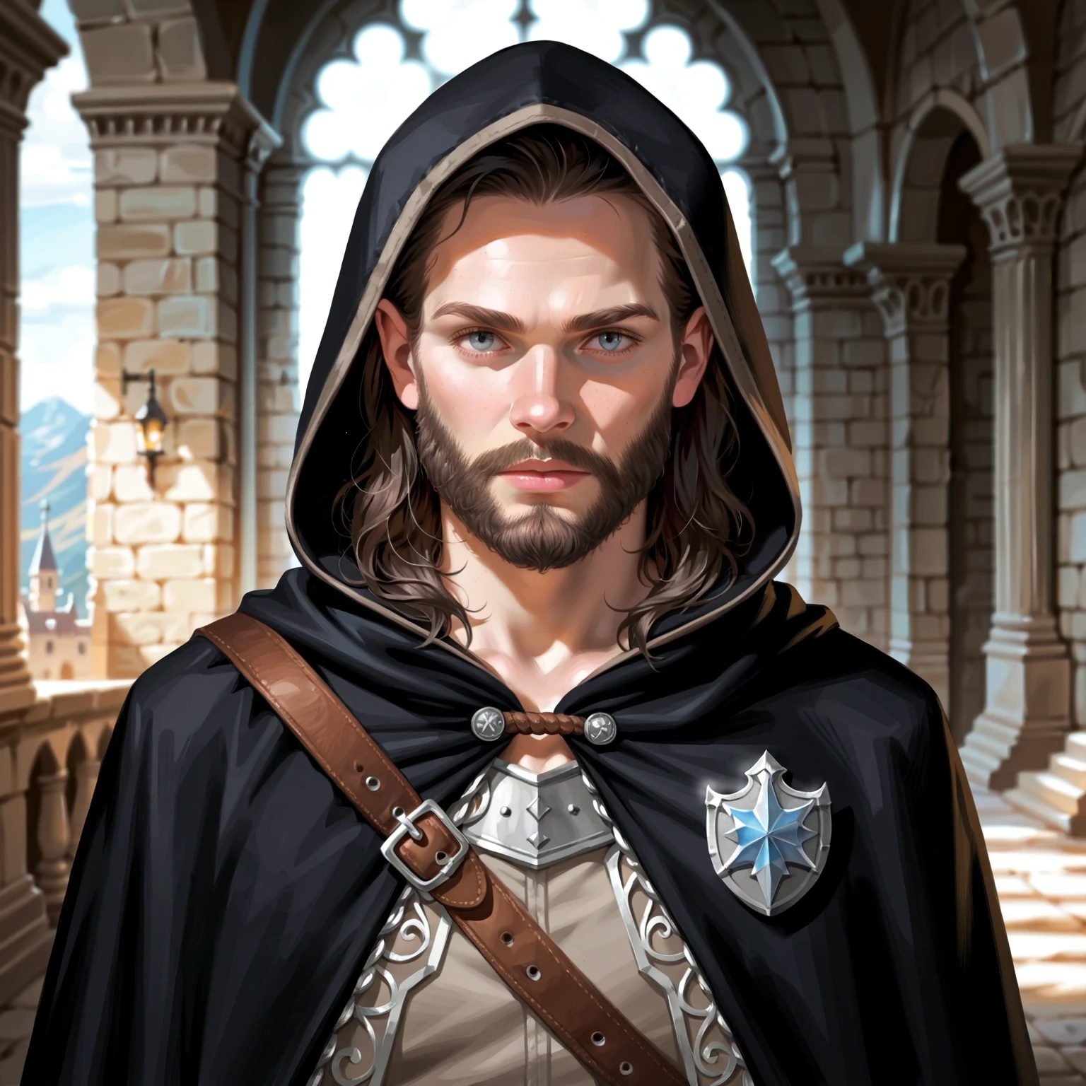 Portrait of a (male) human ranger, front view, (medium shot:1.3), one person standing, tall and slender build, (long black hair and beard:1.3)
BREAK
grey eyes
BREAK
pale skin
BREAK
wearing fantasy world costume of a (dark grey hooded cloak:1.5) over (tan leather:1.1) armor over (grey fantasy clothing:1.5), realistic background of a fantasy world, (Dungeons_and_Dragons:1.2), (Game_of_Thrones), castle stone ruin, realistic, (photorealistic:1.3), light reflection