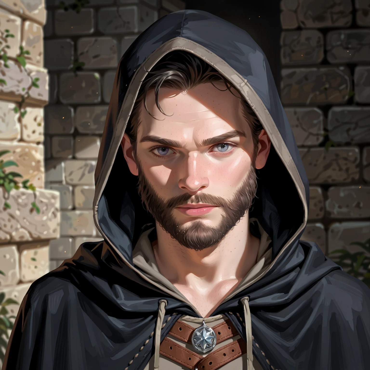 Portrait of a (male) human ranger, front view, (medium shot:1.3), one person standing, tall and slender build, (long black hair and beard:1.3)
BREAK
grey eyes
BREAK
pale skin
BREAK
wearing fantasy world costume of a (dark grey hooded cloak:1.5) over (tan leather:1.1) armor over (grey fantasy clothing:1.5), realistic background of a fantasy world, (Dungeons_and_Dragons:1.2), (Game_of_Thrones), castle stone ruin, realistic, (photorealistic:1.3), light reflection