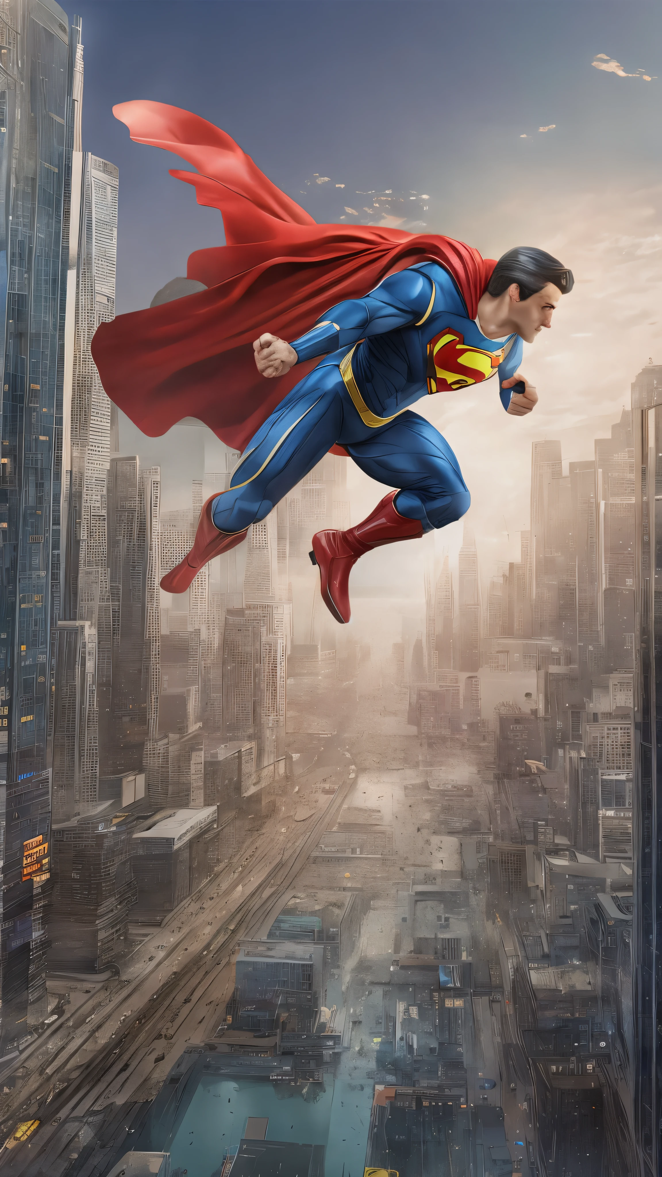  full body high definition image ， Detailed Superman Falling from the Sky、 Cyberpunk,( realistic image ),1 person,Physical Wonders , Cybernetic Guardian ,  as Superman ,  complicated, (Steel Metal ）,  elegant ,  clear focus,  Photographed by Greg Rutkowski , illumination,  bright colors , masterpiece, ((street)),  dynamic pose,