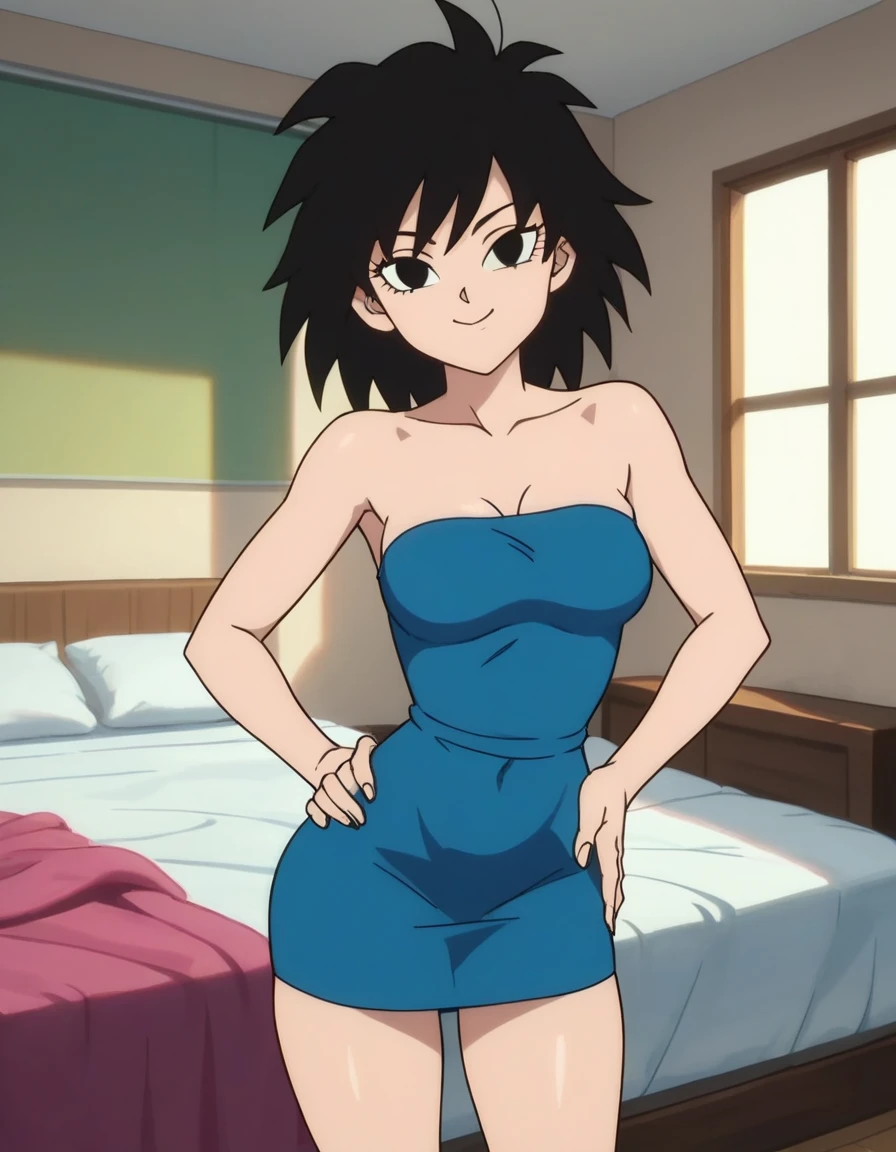 source_anime, score_9, score_8_up, score_7_up, anime screencap, absurd res, official style, gine, 1girl, solo, black hair, black eyes, closed mouth, bare shoulders, medium breast, a seductive smile, mouth closed, smile, apartment room, bed, window, bare shoulders, medium breasts, closed mouth, standing, a strapless blue tube dress, blue pencil skirt, looking at viewers, cowboy shot, smile, hands on hip, score 9, score 8 up, score 7 up,