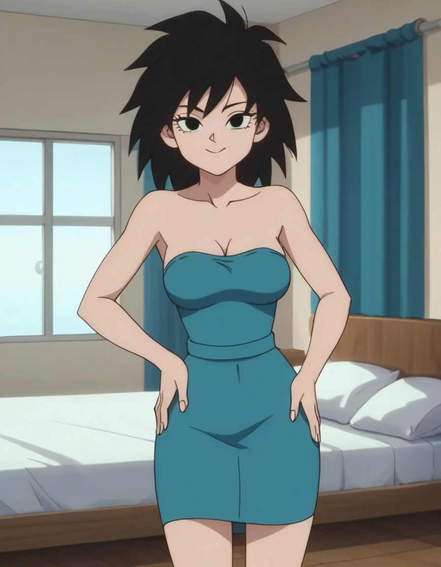 source_anime, score_9, score_8_up, score_7_up, anime screencap, absurd res, official style, gine, 1girl, solo, black hair, black eyes, closed mouth, bare shoulders, medium breast, a seductive smile, mouth closed, smile, apartment room, bed, window, bare shoulders, medium breasts, closed mouth, standing, a strapless blue tube dress, blue pencil skirt, looking at viewers, cowboy shot, smile, hands on hip, score 9, score 8 up, score 7 up,