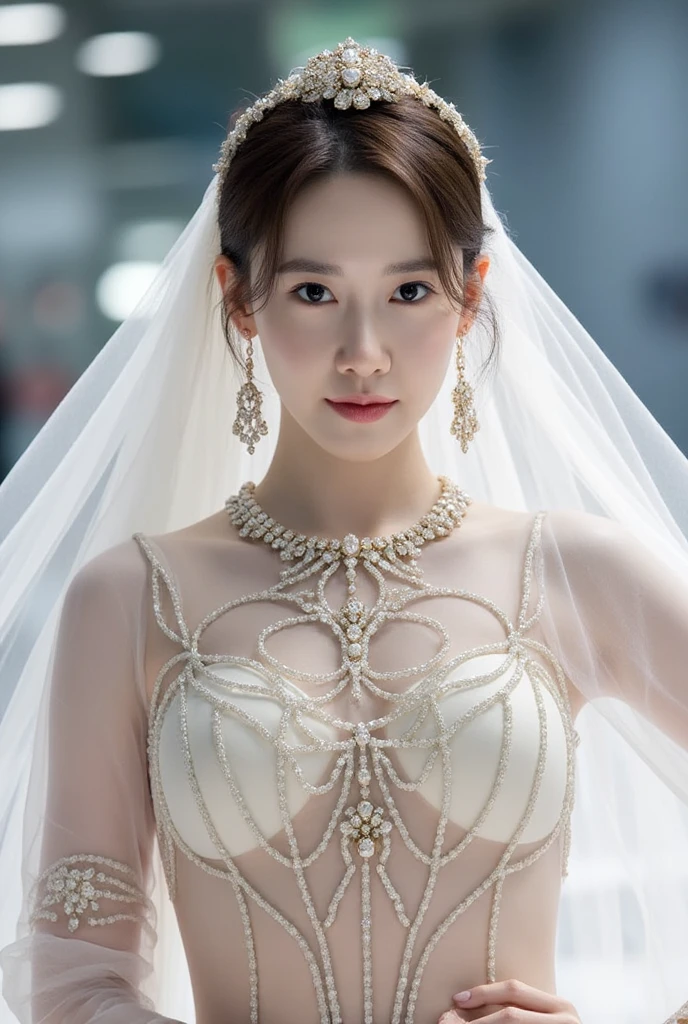 A very beautiful girl，Wrapped in transparent tulle,Large Breasts, Realistically，Wearing a transparent jewelry costume，The costume has a circular pattern made of pearls， Inspired by the White Bone Demon in Journey to the West，Inspired by the circle，the girl wears，Reflecting the fusion of ancient culture and modern fashion. 