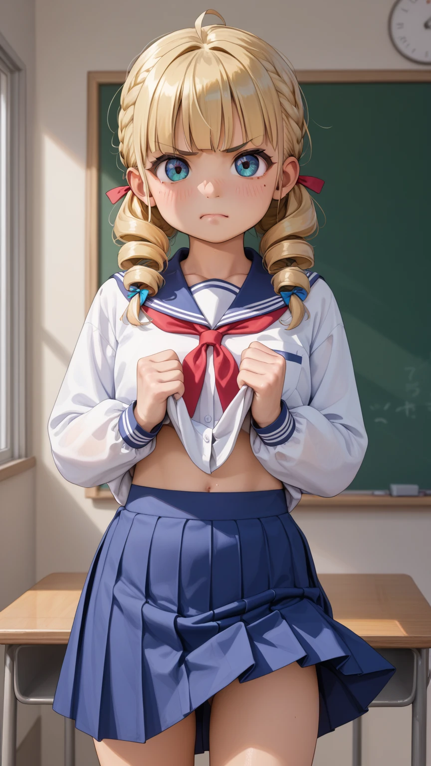 {{{anime}}}、(5yo,loli,cute:1.4)、 blonde hair 、drill hair、 Japanese、classroom、standing、 cross your arms a little、 is angry、(((Lift up skirt)))