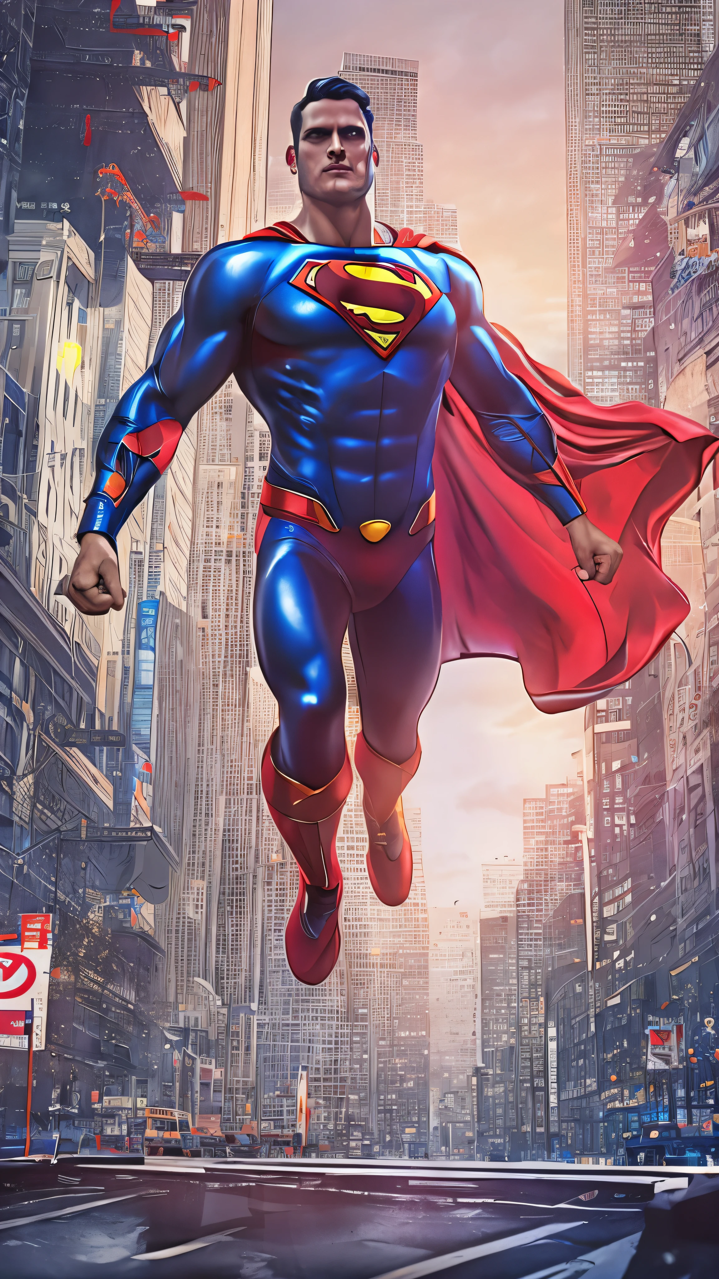  full body high definition image ， Detailed Superman Falling from the Sky、 Cyberpunk,( realistic image ),1 person,Physical Wonders , Cybernetic Guardian ,  as Superman ,  complicated, (Steel Metal ）,  elegant ,  clear focus,  Photographed by Greg Rutkowski , illumination,  bright colors , masterpiece, ((street)),  dynamic pose,