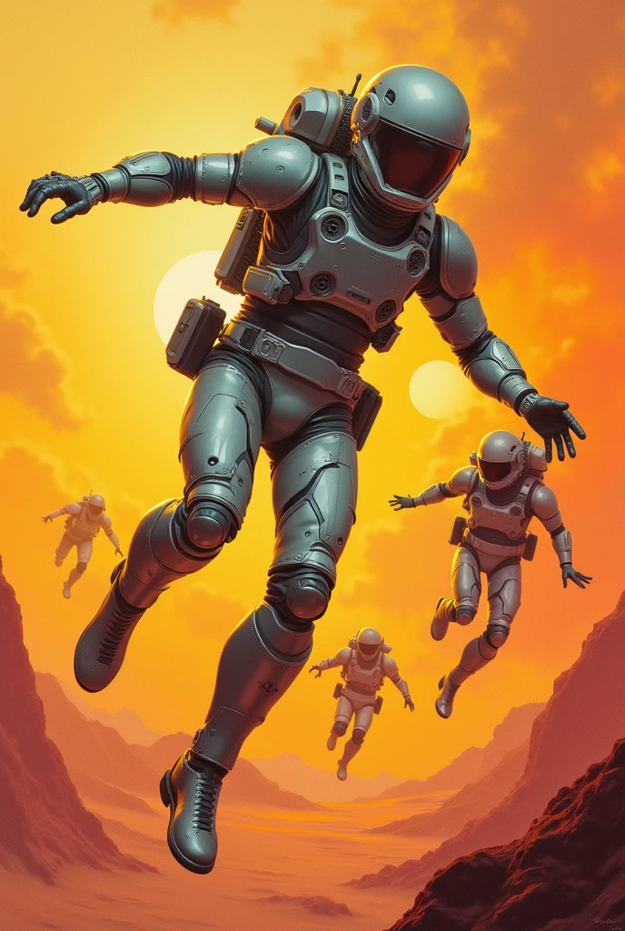 (best quality, masterpiece, photorealistic, elaborate details:1.2), A vibrant oil painting from a great heigh several miles above, futuristic military soldiers undergoing a "high altitude low opening" drop over a terra-formed planet reminiscent of the planet Venus; the futuristic bullet shaped dropship and the soldiers are in dynamic motion, with colorful, high-contrast, and sharp details against an alien sky with strange yellow and red colors. The full-body shot captures the soldier in action, with other soldiers and the drop ship in the background, shot from a low angle. The soldiers are wearing futuristic military spacesuits of silver gray. 1980's style sci fi painting
