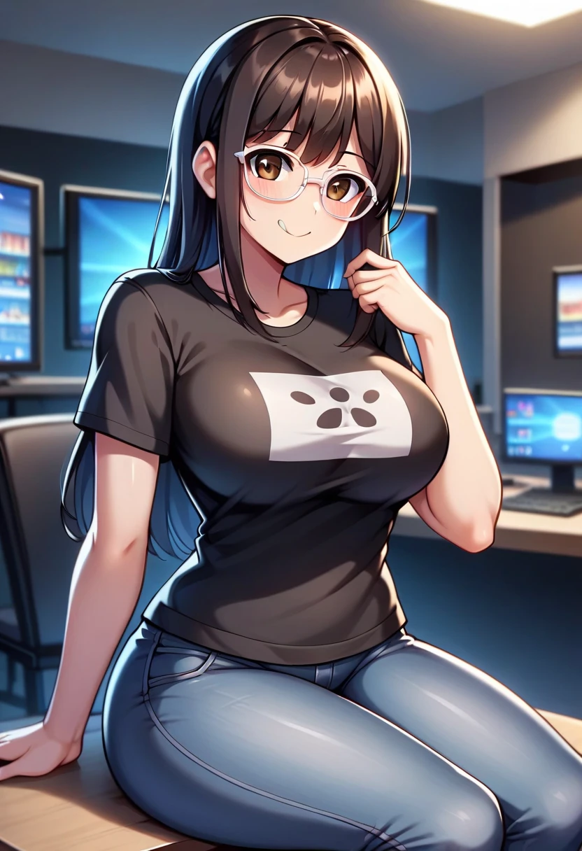 A female streamer , light skin,  brown eyes ,  long black hair, Wearing white glasses, corpo sexy,  Big breasts ,  big hips and ass ,  wearing a short t-shirt in beige color , The slightly nerdy smiley cute , flashy neckline, wearing jeans,  looking at the spectator ,  in front ,  smiling sexy at the viewer ,  showing her tongue ,  belly showing,  in the background of an all-colored streaming room,  sitting on a chair,  setup game behind her , alone,   masterpiece  ,   best quality  ,  absurdities ,   perfect anatomy  .