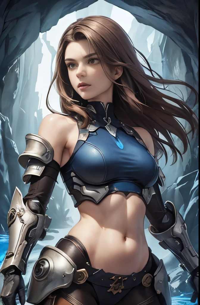  top quality　LONG BEAUTIFUL BROWN HAIR WOMAN  (Mid-chest、 slim)　　Soldier　 COBALT BLUE MECHANICAL ARMOR( fine details、 Sleeveless、 off shoulder、off arm、My chest is showing、 belly button out)、 fighting pose、 in a dark cave