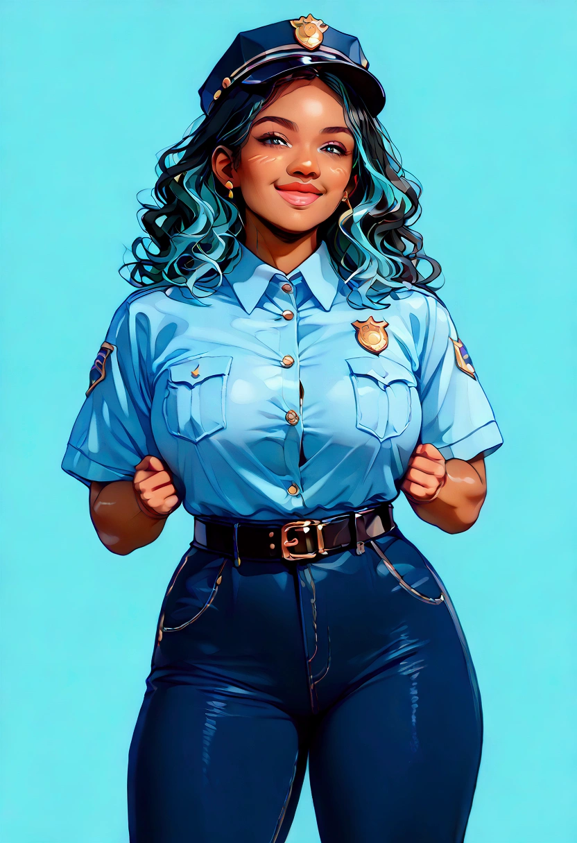 ((masterpiece)),(((ultra high quality))),(illustration,1woman, environment Scene change, (medium wavy hair:1.4),((modern police officer:1.5)), muscular woman with huge breasts, curvy hips, black legs, thick thighs, (dark skin:1.3)scribbles and marks, light blue shirt,tight police jeans ((detailed face:1.1, smiling)), rough sketches, (detailed lips:1.4), pose too, ((black hair:1.2, turquoise highlights:0.25)), (police officer outfit:1.3) , 8k,16k, (simple background, light background: 1.3)