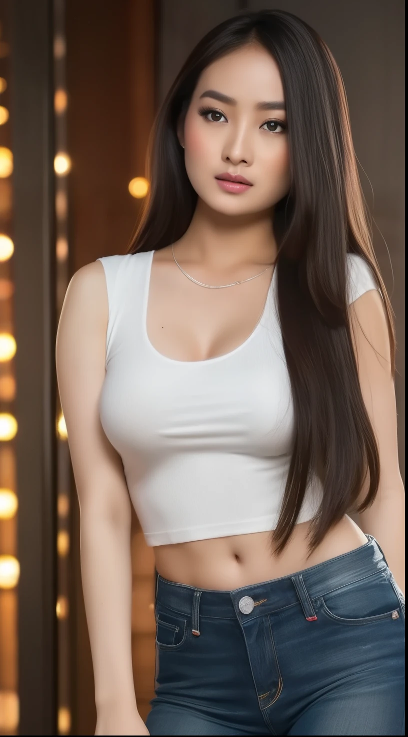 A beautiful young Indonesian actress with long black hair, face beautiful, bright face, glow face, detailed eyes, big breasts, (long levis), sexy body, , erotic body, sexy hips, wide hips, night supermarkrt background, detailed facial features, elegant expression, photorealistic portrait, cinematic lighting, hyper realistic, digital art, high resolution, masterpiece