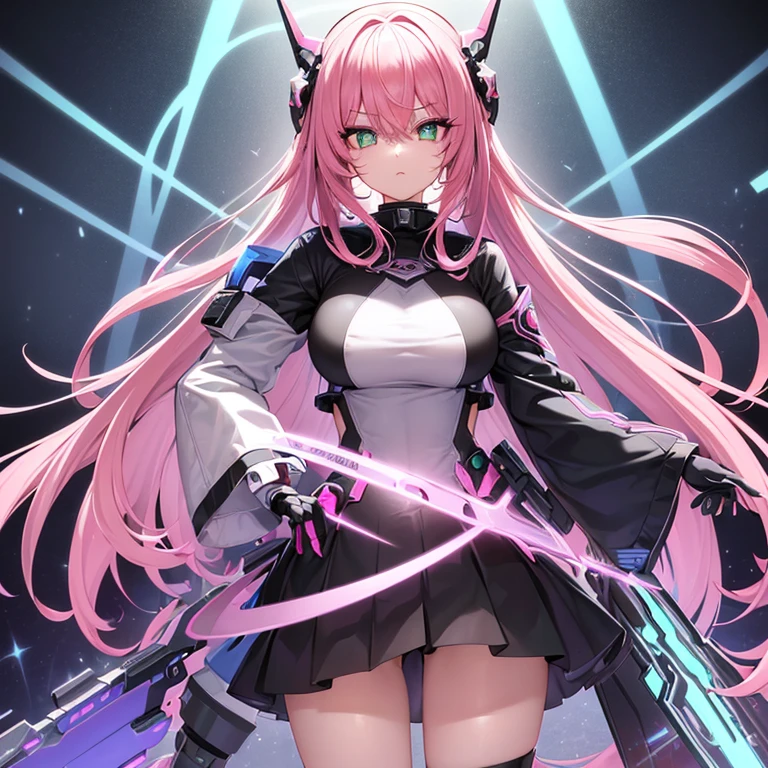 (((masterpiece)))fullbody,fullbodyshot (1 girl)(((pink hair, long hair,straight hair,two side up))), (((green eyes))),eyeshadow, eyeliner,glow eyes, hyper detailed eyes, intricate eyes, beautiful eyes, detailed eyes,((star-shaped pupils,glowing pink pupils))18-year-old girl.((wearing a Transparent jacket made of PVC material)).huge cool Gatling in hands, huge cool weapon machine, mecha, mechanism, machine, open stance,