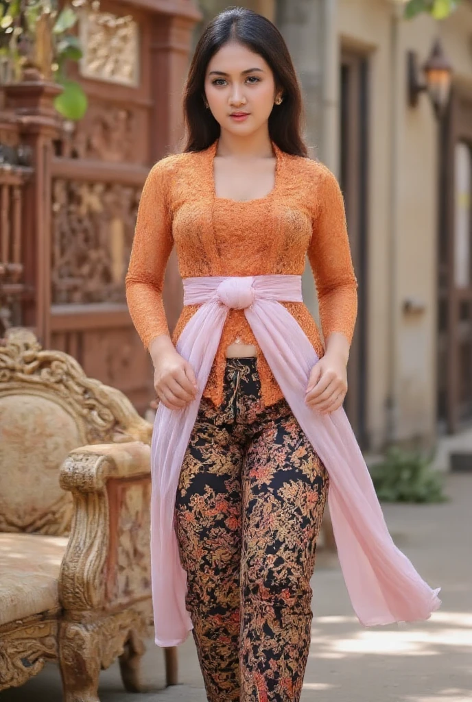 photography, woman, portrait of woman wearing kebaya_bali in black long kebaya dress traditional, red lipstick, golden necklace, earrings, ornate, detail, flowers, blurry background, soft focus,((Full Body)),(cute face:1.5), (huge breasts:1.1),high-heels, ((big hips)), medium thighs,((dimple)),