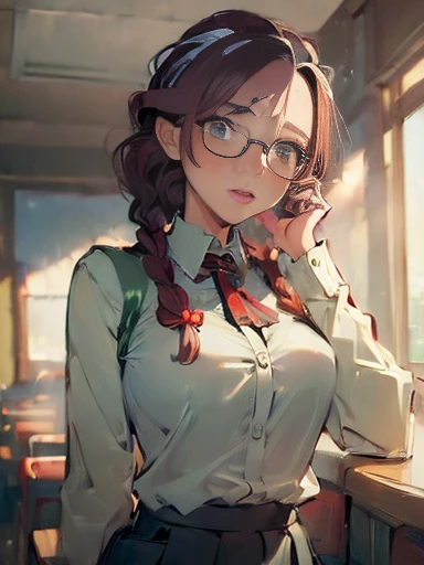 (masterpiece: 2.0), 1women, geek girl, mature, 35 years old, English, open mouth, blush, braids, glasses, medium breasts, blouse, plaited skirt, upper body shot, classroom 