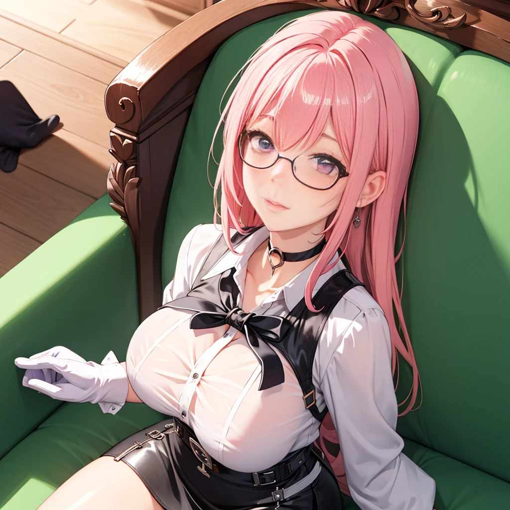 1 girl, Yanagi Tsukishiro , Alone,  sitting on a couch,  beautiful breasts , sensual lips,  pink hair,  seen from above,  looking at the spectator,  beautiful eyes , detailed eyes, purple eyes, simple samurai shoulder pad , glasses,  choker :1.6, ( black gloves),  shiny high waist mini skirt,  white shirt with ,  dark green neck strap,  shy expression , Gothic style library ,  dark gothic style 