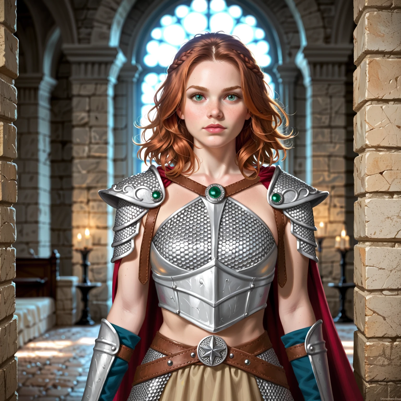 Portrait of a (female) dwarven warrior, front view, (medium shot:1.3), one person standing, short and athletic build, long auburn hair
BREAK
green eyes
BREAK
light skin
BREAK
wearing fantasy world costume of tan clothing and chainmail armor, realistic background of a fantasy world, (Dungeons_and_Dragons:1.2), (Game_of_Thrones), castle stone ruin, realistic, (photorealistic:1.3), light reflection