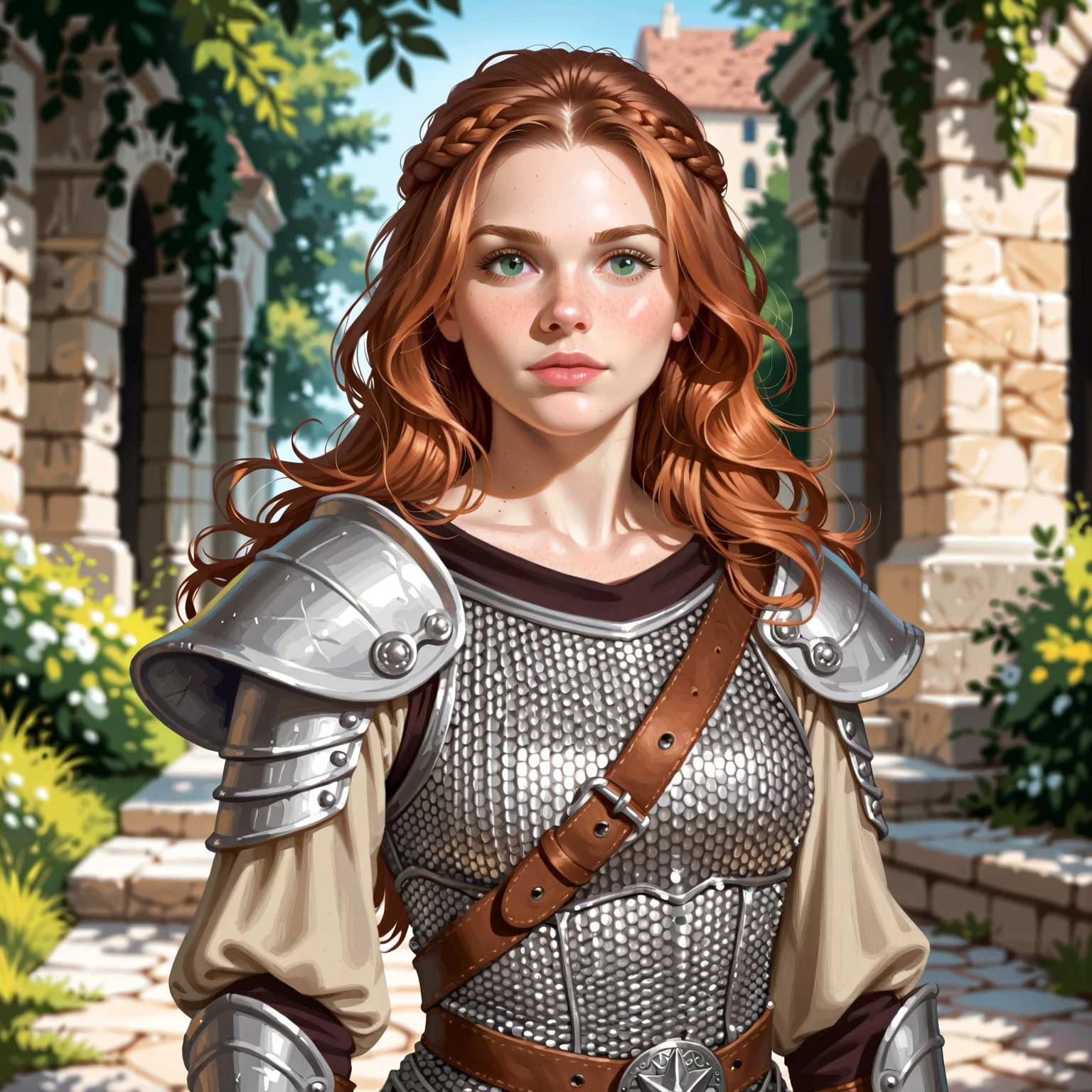 Portrait of a (female) dwarven warrior, front view, (medium shot:1.3), one person standing, short and athletic build, long auburn hair
BREAK
green eyes
BREAK
light skin
BREAK
wearing fantasy world costume of tan clothing and chainmail armor, realistic background of a fantasy world, (Dungeons_and_Dragons:1.2), (Game_of_Thrones), castle stone ruin, realistic, (photorealistic:1.3), light reflection