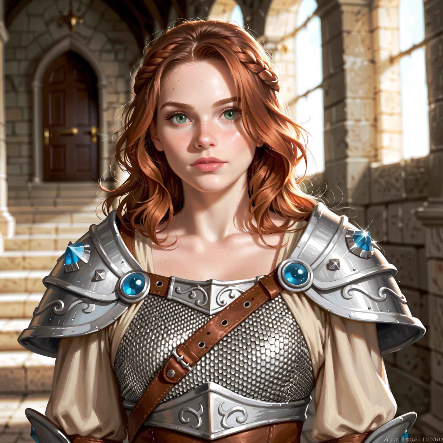 Portrait of a (female) dwarven warrior, front view, (medium shot:1.3), one person standing, short and athletic build, long auburn hair
BREAK
green eyes
BREAK
light skin
BREAK
wearing fantasy world costume of tan clothing and chainmail armor, realistic background of a fantasy world, (Dungeons_and_Dragons:1.2), (Game_of_Thrones), castle stone ruin, realistic, (photorealistic:1.3), light reflection