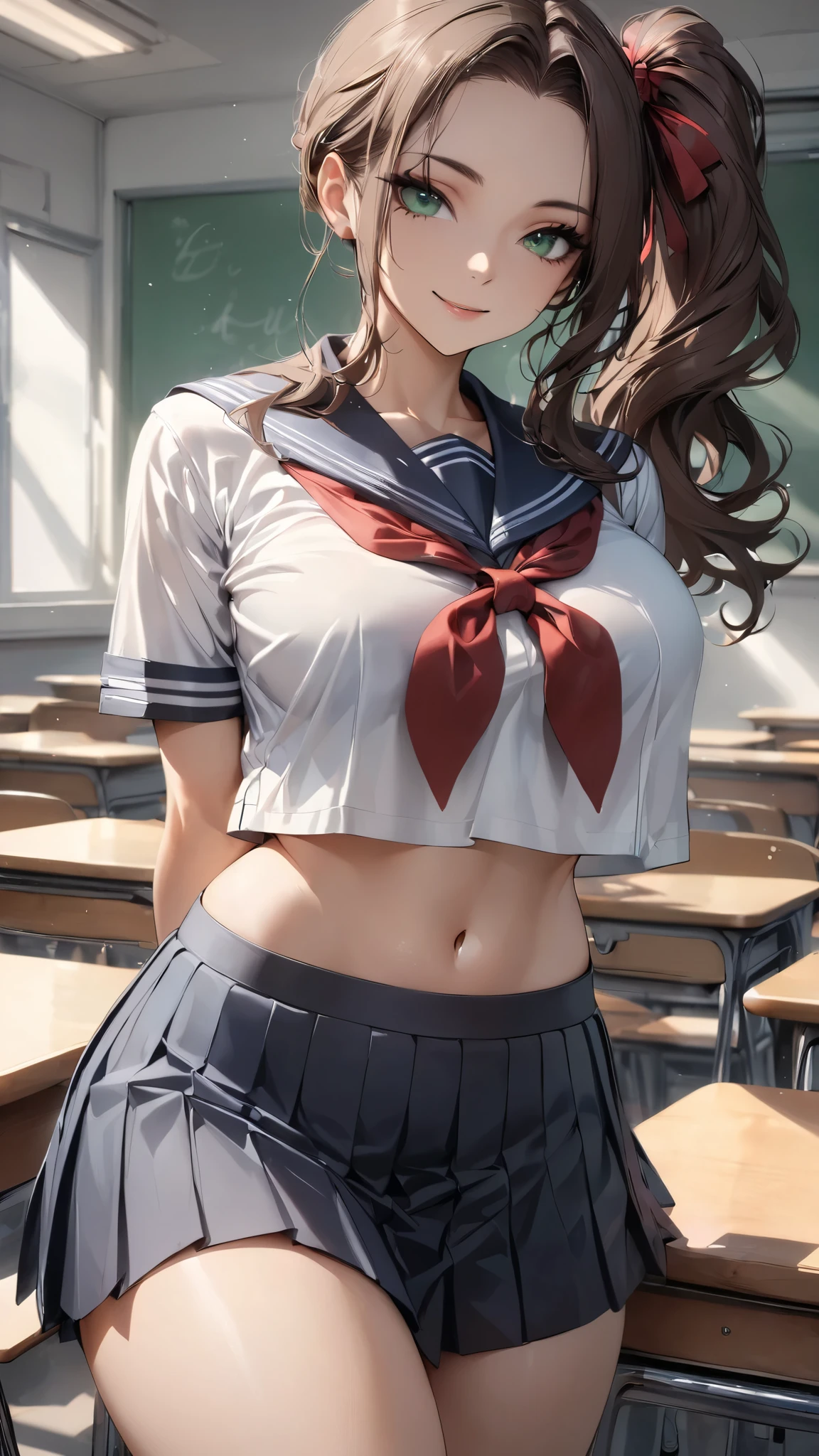 masterpiece, semi-realistic, (Enhance colors to maximum saturation), 1lady, JK, green eyes, slightly smile, detailed semi-long hair, dark brown silky hair, forehead, sliced back hair, side ponytail, contrapposto, hands behind back, navel, Captivating thighs, knee, classroom, (sheer crop top white shirt), sailor suit, pleated skirt, red ribbon tie