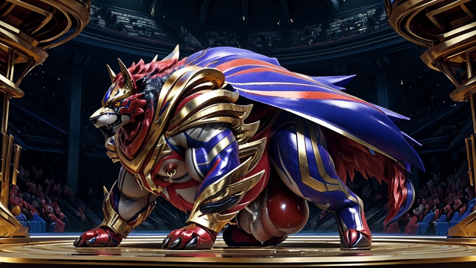 zamazenta,gold armor,more rich mane like lions,ass up,(much pubic hair),(((long red laxex gloves with silver lines,shiny latex long red boots with silver lines))),thick calves,thick thighs,large breasts,red and silver skin-fit superhero latex costume,mouth full open,screaming,anguished expression, near future helmet with shiny gemstone on between eyebrows,Chest armor with circular cutouts around the nipples,Shiny Costume,the superhero red and silver skin-tight rubber bodysuit that makes him sweating a lot,he shows off his arm muscles to the audience,The penis extends straight from the crotch to the chest,manly huge nipples,manly huge penis protruding from his hemispherically huge bulging crotch,(((his penis is thick and super erected,The penis glans is swollen and large,huge testicles,heavily cumshot))),his ears are a wolf,heavy sweaty body,the color of his suit is almost red,anger face,sexy werewolf,nipples are very large size,(nipple piercing),fat humanoid wolf,his body is stained with brown sweat,general fur style,he's a beast man with a very large and thick muzzle like a wolf,face is large like a lion,super giant bulge,lots of yellow softly steam rising from his armpits and knees,Deep Eyes,thick eyebrows,green and blue sharp face lines upon his cheek,(((small triangular ears like a wolf))),he's a very fat beastman like a Japanese sumo wrestler,giant crotch with a hemispherical bulge,has a rich and long mane like a lion, layered hair,ponytail,Long Hair,red and gold long Cape,he's hugely obese,anthro,muscular chest,very thick white muzzle,Side view of face,he has a saggy and huge stomach and metabolism is syndromed body,Long legs,has a small head,with abnormally large calves,super huge size of stomach,((his armpit hair is ruch and very long)),red belly armor,