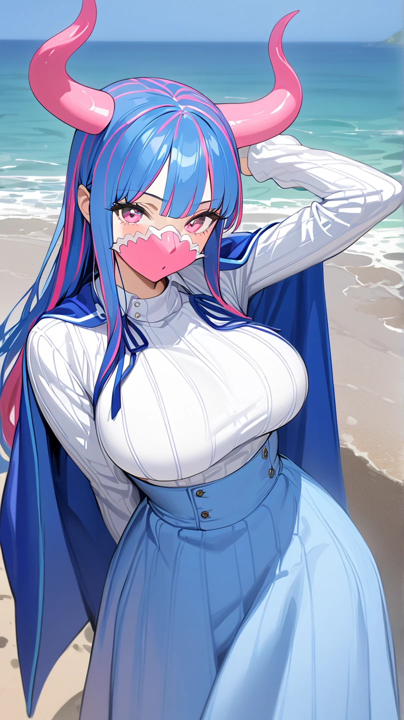  top quality, masterpiece,  high definition , 

 adult ,  long hair,   Multi Colored Hair  ,  blue hair,  , horn,  pink eye, ,  pink mask,  Big Breasts ,  Blue Cape ,   neck with ribbon, Ribbed knit shirt,  white shirt,  Long Sleeve ,  High Waist Skirt ,  blue skirt, 1 girl , solo, Seaside,