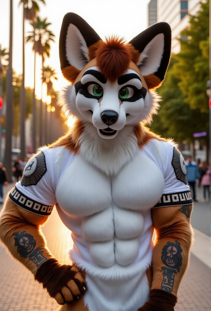 A Fox male muscular fursuit a 23 year old adult alone outdoors holding a smartphone and taking a selfie green fur and blue eyes wearing boxer briefs looking at the viewer with a smile