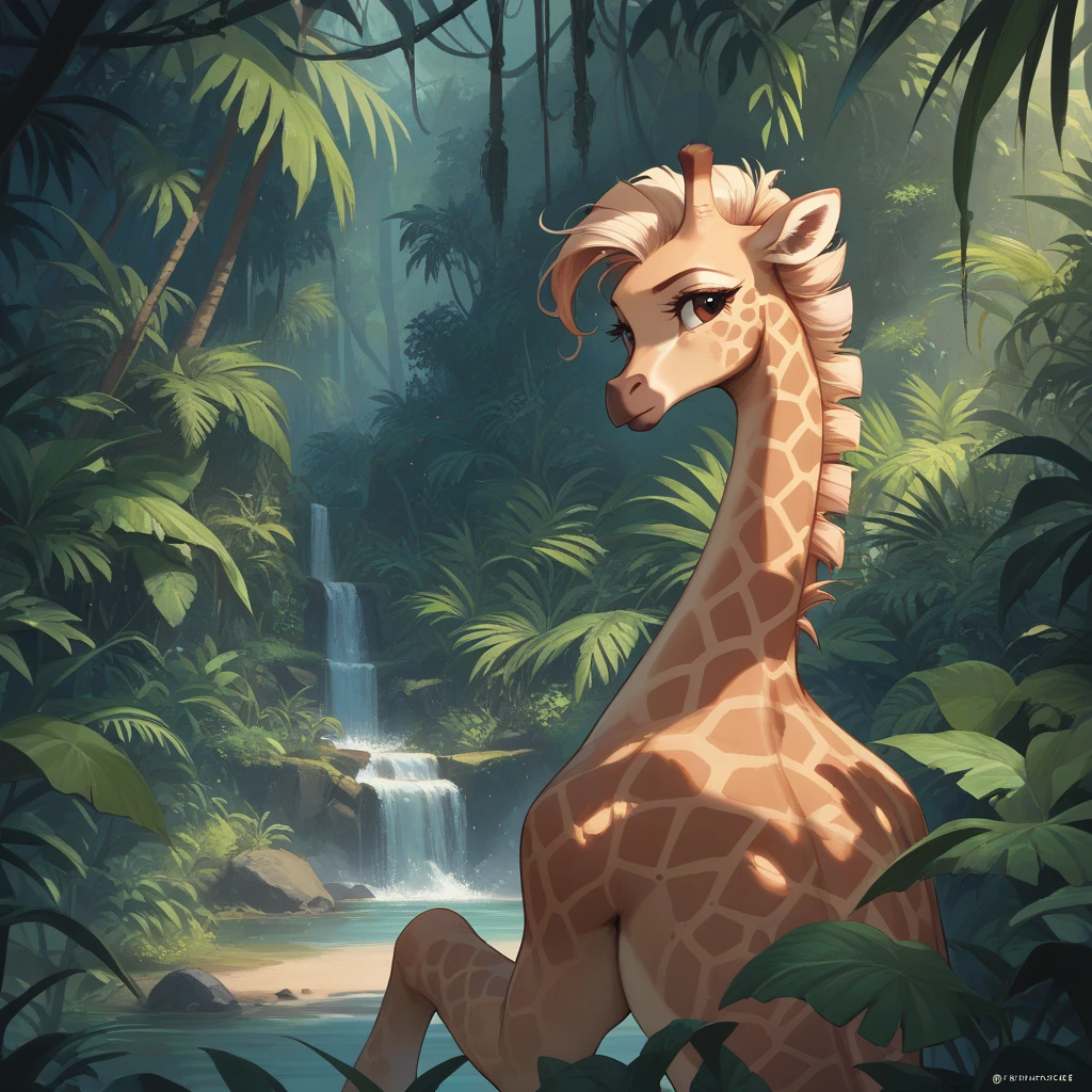 A jungle with a quiet giraffe.