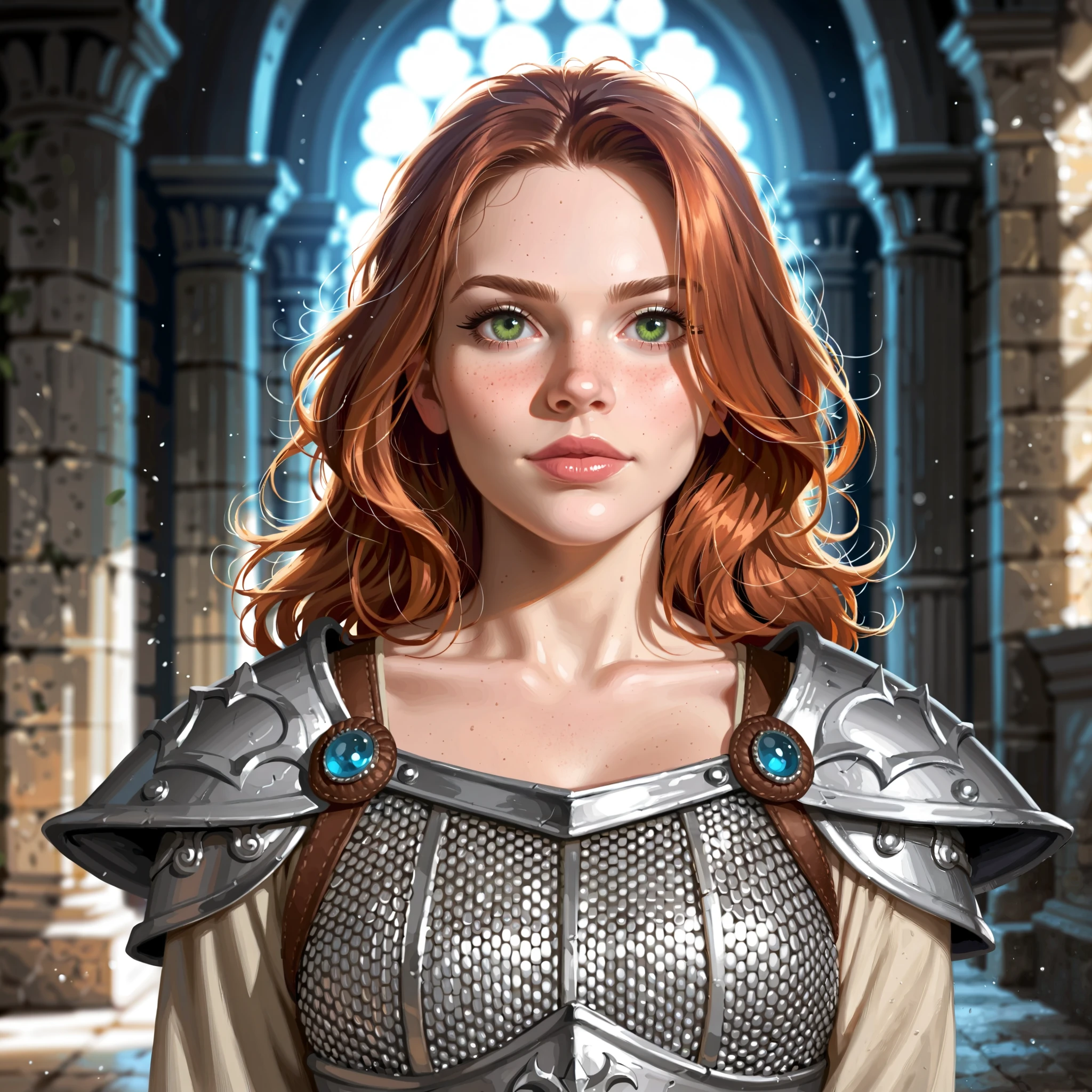 Portrait of a (female) dwarven warrior, front view, (medium shot:1.3), one person standing, short and athletic build, long auburn hair
BREAK
green eyes
BREAK
light skin
BREAK
wearing fantasy world costume of tan clothing and chainmail armor, realistic background of a fantasy world, (Dungeons_and_Dragons:1.2), (Game_of_Thrones), castle stone ruin, realistic, (photorealistic:1.3), light reflection