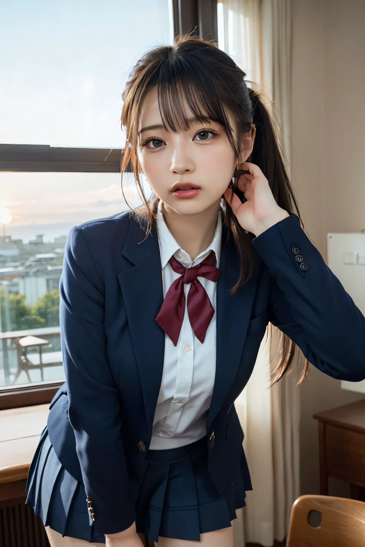 1girl,leaning forward,Perfect hands,(panty pull),school uniform,ponytail,Navy blue blazer,pleated skirt,tongue out,Looking Down and Sleepy,school background,warm sunset lighting,bright and energetic atmosphere,detailed face,beautiful detailed eyes,beautiful detailed lips,extremely detailed eyes and face,long eyelashes,photorealistic,8k,best quality,masterpiece,highly detailed,vibrant colors,cinematic lighting,soft focus