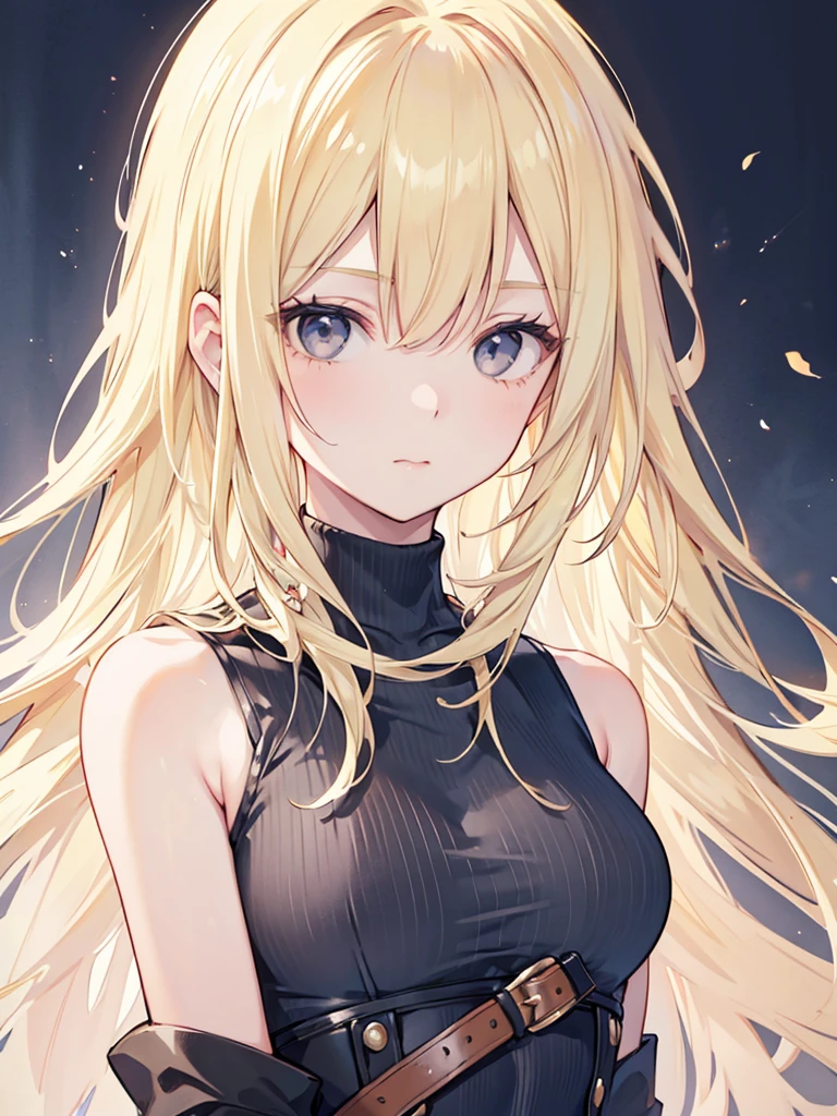 1girl, solo, long hair, looking at viewer, blonde hair, closed mouth, upper body, sleeveless, black eyes, lips, turtleneck, realistic