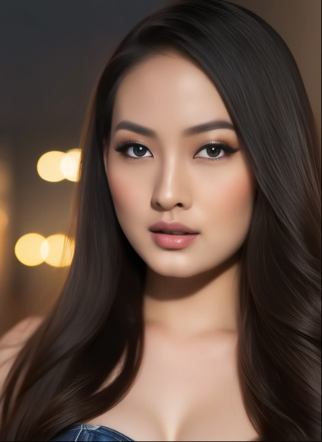 A beautiful young Indonesian actress with long black hair, face beautiful, bright face, glow face, detailed eyes, big breasts, (long levis), sexy body, slim body , erotic body, sexy hips, wide hips, night background, detailed facial features, elegant expression, photorealistic portrait, cinematic lighting, hyper realistic, digital art, high resolution, masterpiece