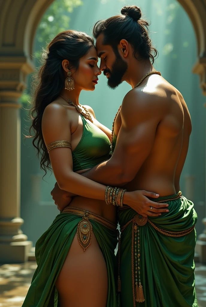 An Indian beauty of 21, radiating youth and allure, stands confidently wearing a vibrant red and black traditional saree. The saree drapes elegantly around her slender waist, revealing a backless blouse that exposes her seductive back. Her long, raven black hair cascades down her shoulders, adorning her delicate features. Her almond-shaped eyes, filled with desire, capture the intent gaze of a man, aged 37. He inches closer, his hands trembling, trying to seduce her with a gentle touch on her exposed waist. This tantalizing scene unfolds with an air of intrigue, the warm Indian sunlight casting a golden glow on