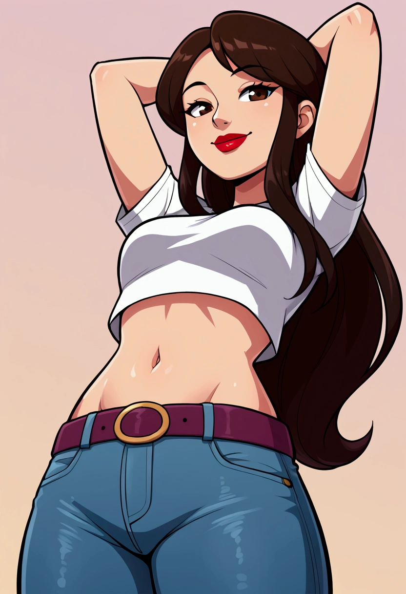 Asian woman, long hair, solo, wearing lipstick, small white t-shirt, crop top, jeans, belt, midriff, navel, groin, smile, arms up, from below