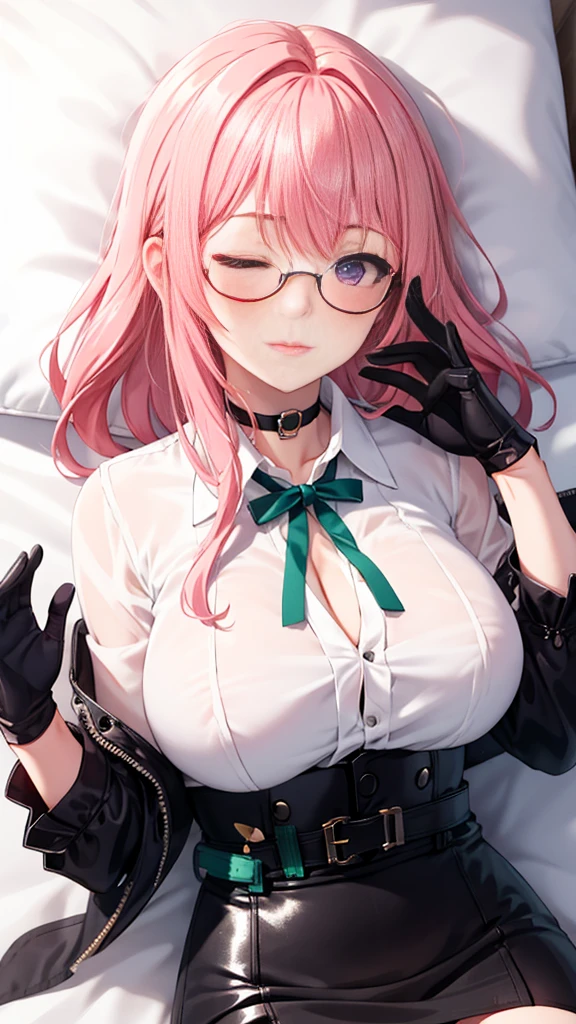 1 girl, Yanagi Tsukishiro , Alone,  lying in bed ,  beautiful breasts , sensual lips,  pink hair,  seen from above,  looking at the spectator,  eyes closed, purple eyes, simple samurai shoulder pad , glasses,  choker :1.6, ( black gloves),  shiny high waist mini skirt,  white shirt with ,  dark green neck strap,  shy expression ,  dark gothic style 