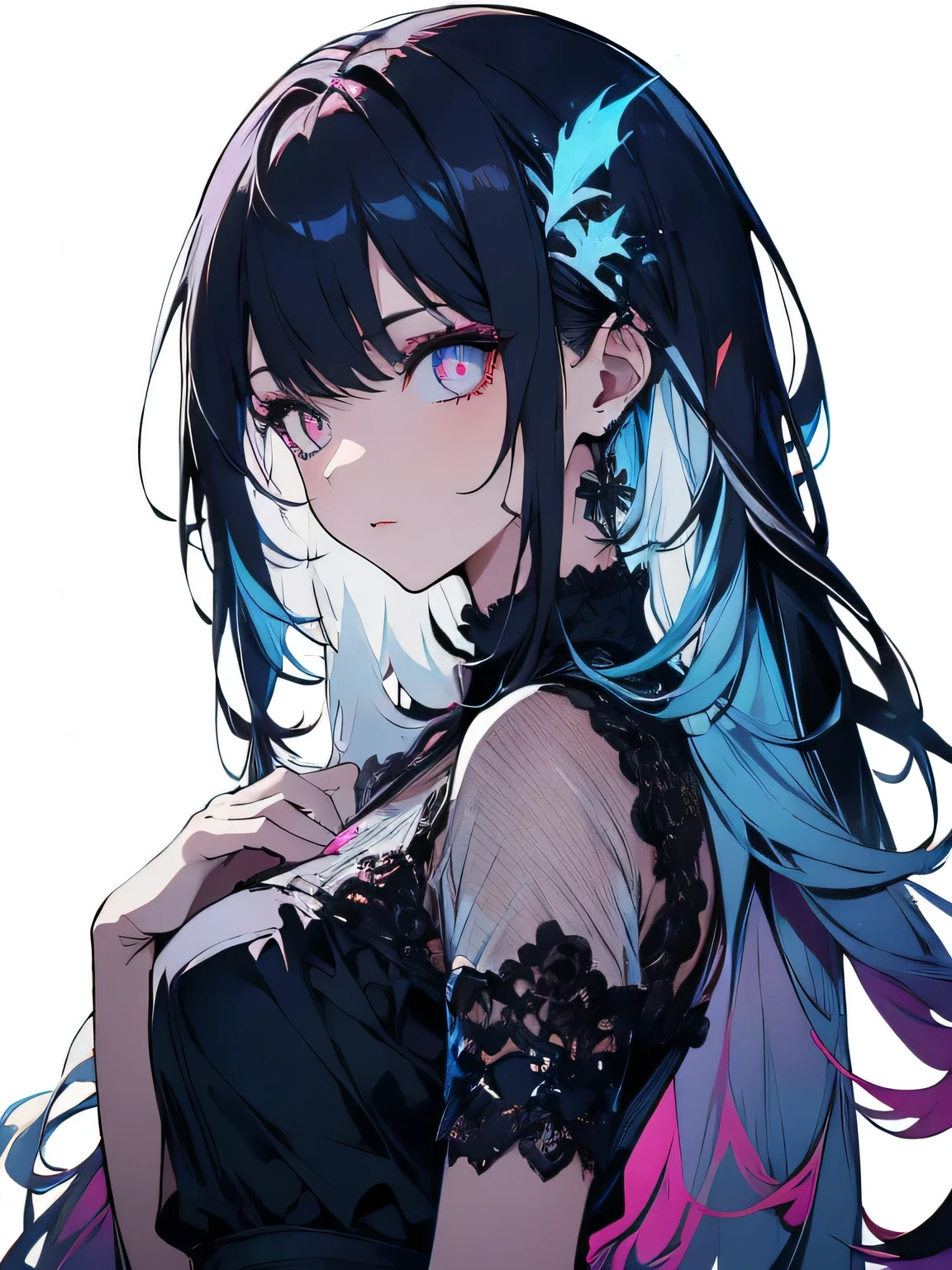 Long hair with a background depicting a black and white world 、 Light blue gradient hair , 1 girl, White background 、Glowing purple eyes, red eyeshadow、 very detailed 、 super high resolution rendering, black dress,Black lace