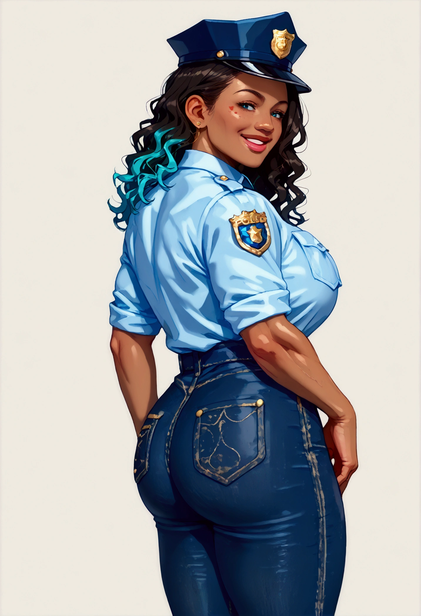 ((masterpiece)),(((ultra high quality))),(illustration,1woman, environment Scene change, (medium wavy hair:1.4),((modern police officer:1.5)), muscular woman with huge breasts, curvy hips, big ass, perfectly round ass, black legs, thick thighs, (dark skin:1.3)scribbles and marks, light blue shirt,tight police jeans ((detailed face:1.1, smiling)), rough sketches, (detailed lips:1.4), pose too, ((black hair:1.2, turquoise highlights:0.25)), (police officer outfit:1.3) , 8k,16k, (simple background, light background: 1.3)