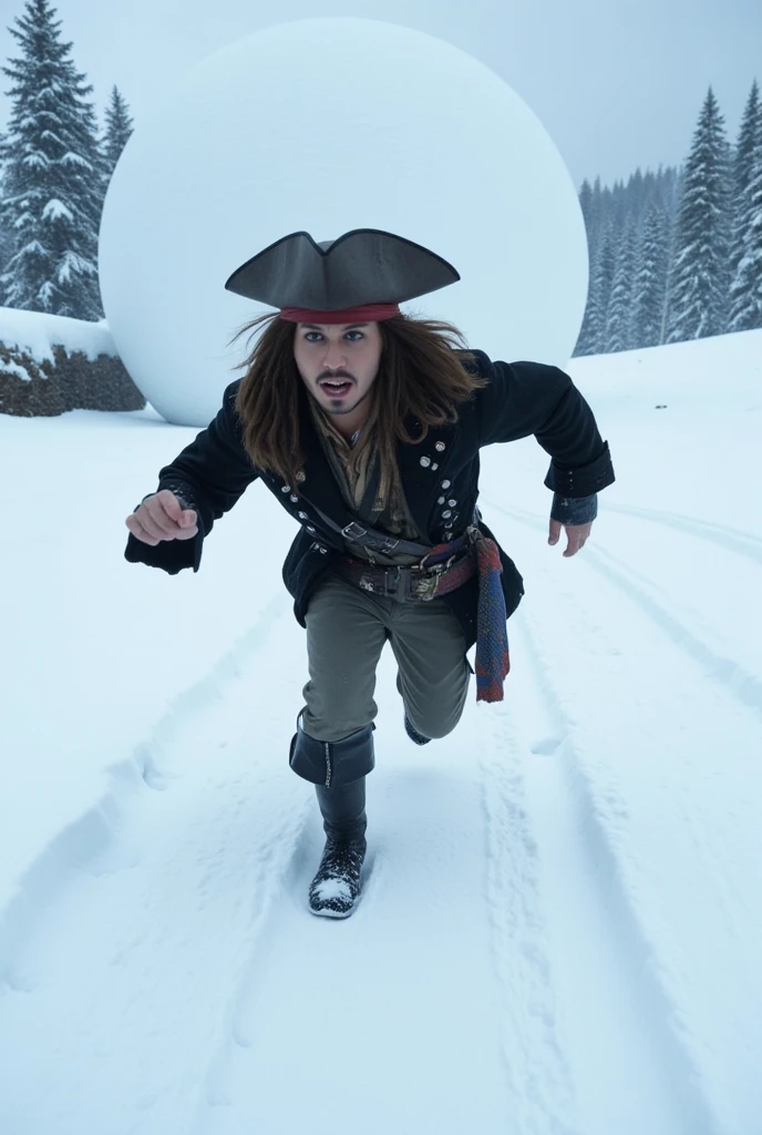 Diagonal image of actor  "john depp"  dressed as Jack Sparrow from the movie "pirates of the caribbean"  on the right of the image wearing a hat  ,   desperate face  , scared,  of wide-eyed ,  of wide-eyed ,  He's splashing snow everywhere  ,   he's running desperately very fast with his arms and legs folded leaving perfect footprints in the snow just behind his feet making his way to the horizon,  There's a giant, round snowball in the distance running down the mountain and running after it 