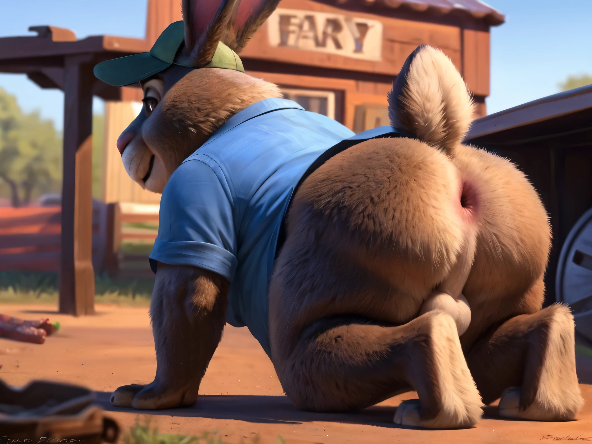 solo, rabbit, Stu Hopps, (Zootopia), old, male, grey fur, nervous expression, wide hips, thick thighs, fat butt, presenting butt, butt focus, on hands and knees, crawling, bent down, looking back at viewer, overweight, behind vegetable stand, shade, farm, depth of field, field background, trucker hat, bunny tail, bunny ears, floppy ears, chubby, sagging balls, backsack, bottomless, blue shirt, brown eyes, cinematic, perineum, anus, spreading anus, (by Taran Fiddler, by Disney)