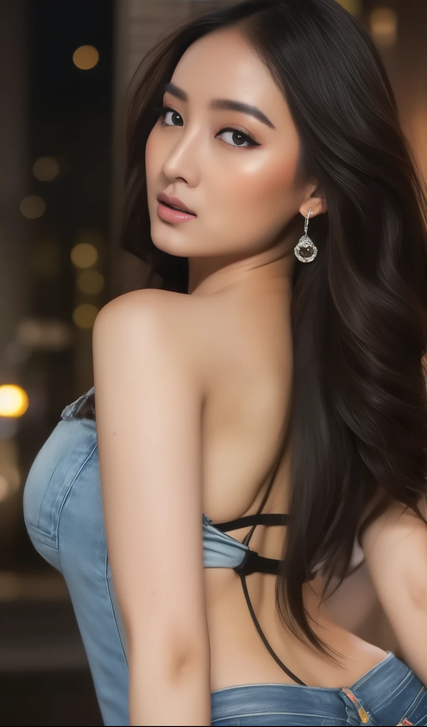 A beautiful young Indonesian actress with long black hair, face beautiful, bright face, glow face, detailed eyes, big breasts, (long levis), sexy body, slim body , erotic body, sexy hips, wide hips, night background, detailed facial features, elegant expression, photorealistic portrait, cinematic lighting, hyper realistic, digital art, high resolution, masterpiece