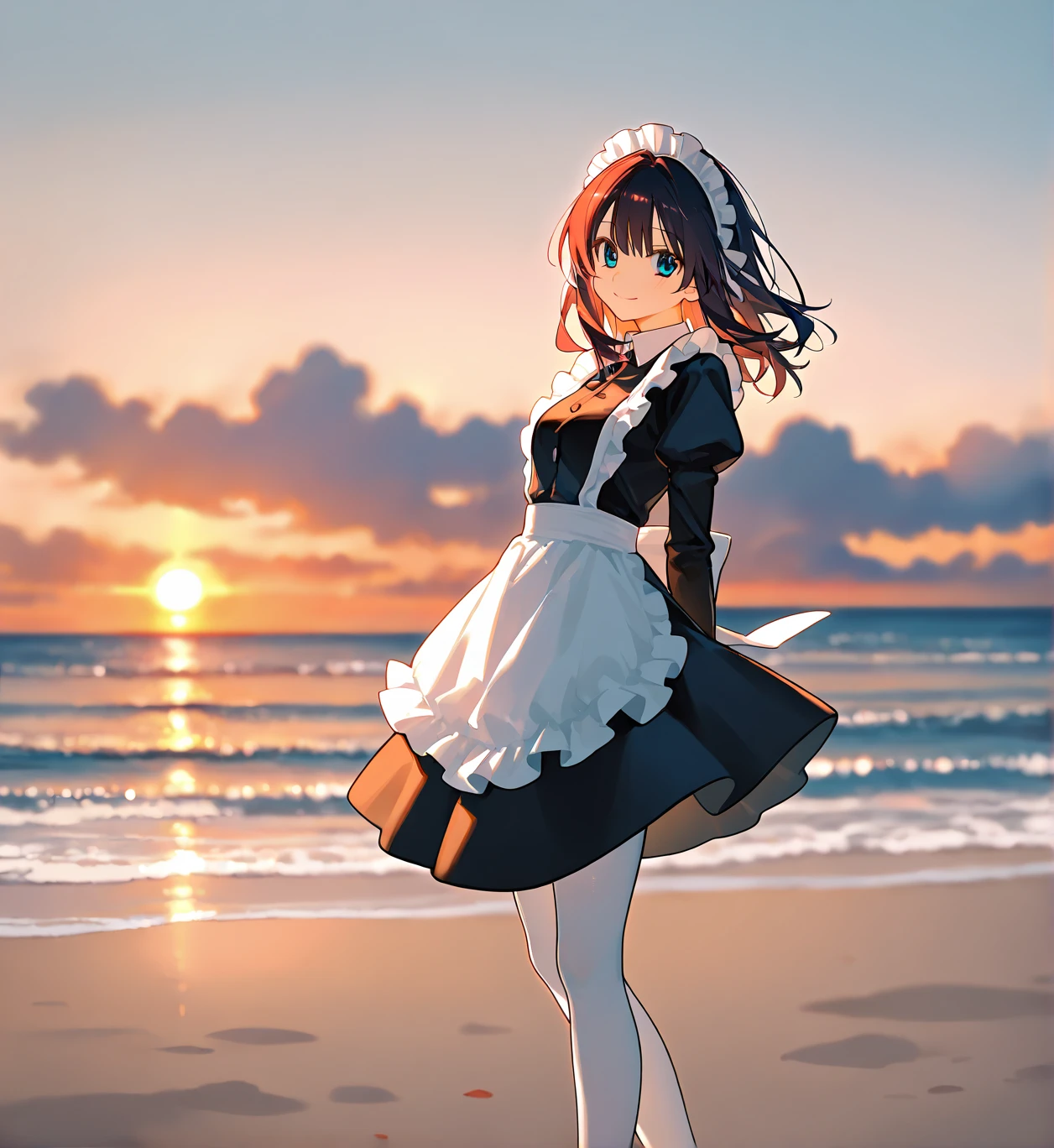 1girl, solo, maid, beautiful cyan long medium hair, apron, maid headdress, maid apron, dress, oranye red sun  eyes, white pantyhose, frills, long sleeves, pantyhose, smile, black dress, long hairs, 
,
detailed beautiful eyes, perfect body, [nsfw:0.88]
(detailed light), (an extremely delicate and beautiful), volume light, best shadow,cinematic lighting, Depth of field, handwritten, doodle
nagi, kawai,  Beach scenery background, gentle beach waves, beautiful elegant orange mixed blue ocean view,  The cloudy sky is blackish gray and the orange sunset is beautiful and elegant, Hands back