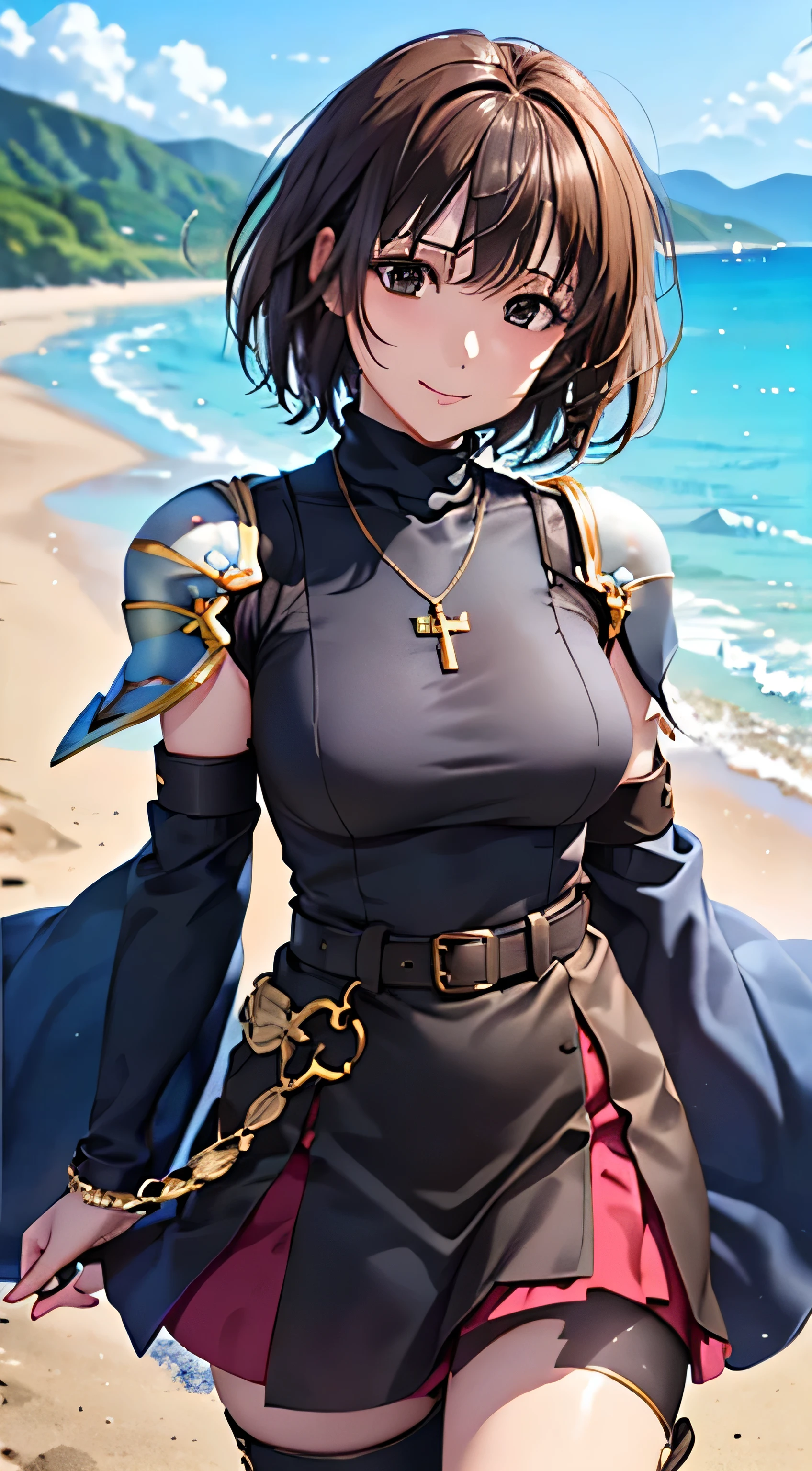 (( ,  top quality,  ,   Pixel Perfect , 4K,))),  1 Woman , 、 (( short wave hair、 dark brown hair )), ((  brown eyes ,   Beautiful eyelashes ,  realistic  eyes)), ((   detailed face   , )), ((  smooth texture:0.75,  realistic  texture:0.65,  realistic :1.1,   anime CG style)),   small bust facing upward ,   dynamic angle,   perfect body , (( , ,, Gold Shoulder Armor  ,, , ,  Turtleneck Dark Blue and Black Dress   ,Dark Blue and Black Flare Skirt   ,   Knee High Boots ,Arm guard , belt)), Golden Hair Ornament  、  cross necklace  、 Sexy Provocative Poses 、(Shy and bright red face 、 very cute smile),  staring upwards 、 lean forward、 (( style lift up the skirt))、 the wind is blowing 、Sexy pink lace panties、、、、、)、 Beach with a view of the castle 、 beautiful ocean、、