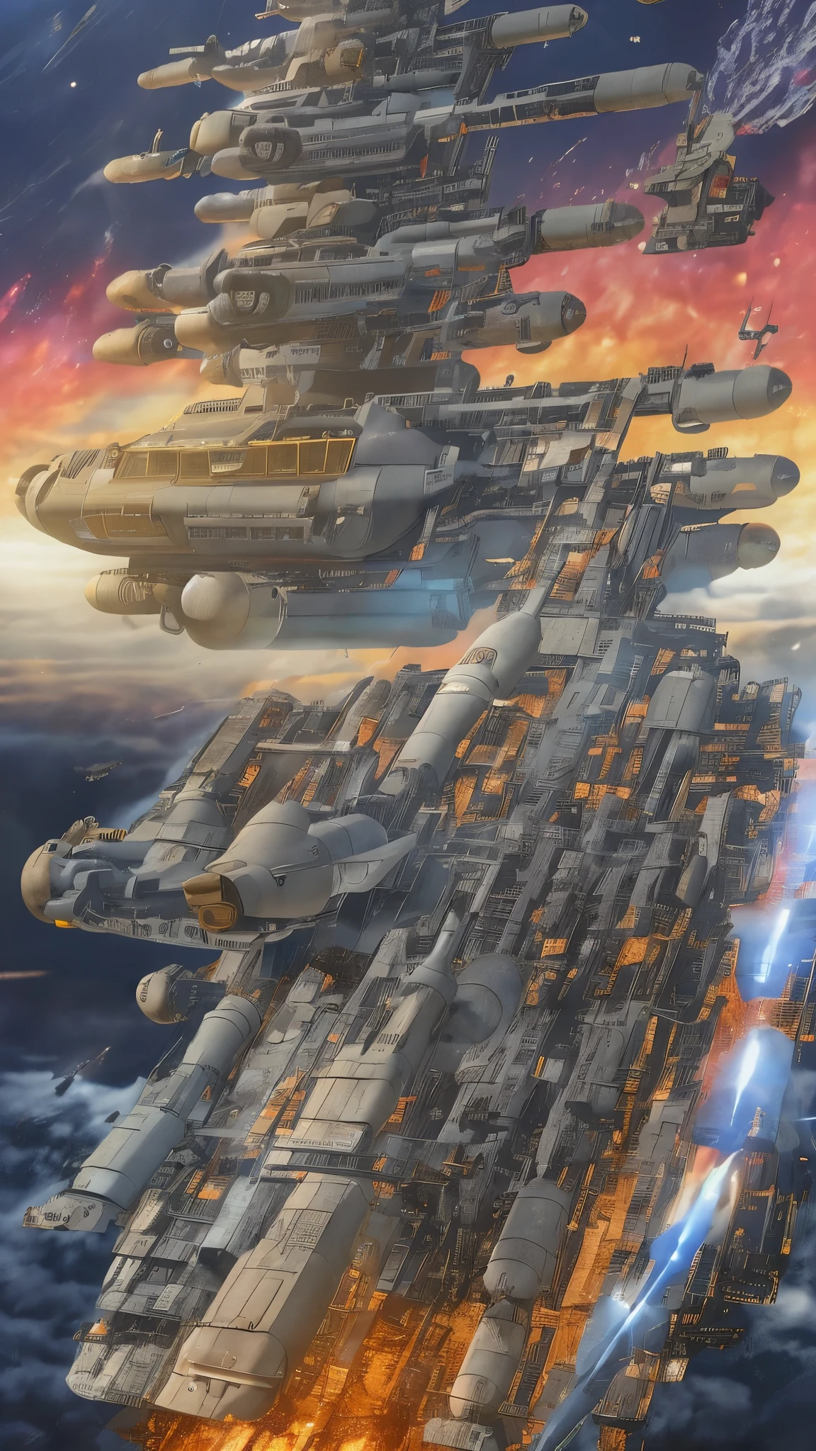  full body high definition image ， High Definition Image of Space Battleship Yamato 、Panoramic view of Space Battleship Yamato 、During combat、 scene where the main gun is shot at an enemy ship of Gamilas、 Cinematic space battle scene involving volumetric lighting( Highly Detailed Battle Scenes.Razor Shootout ) colorful outer space。