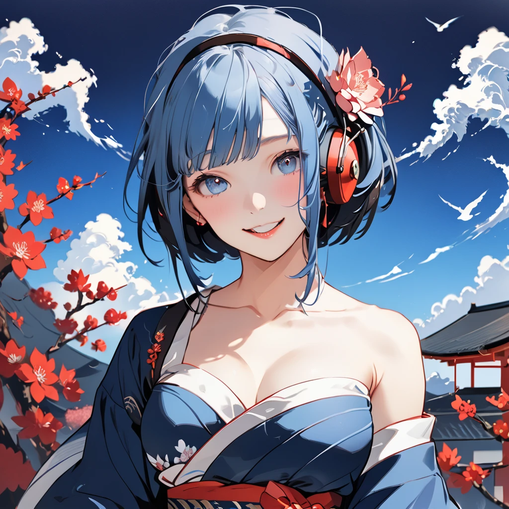   Masterpiece  , great quality,  top quality,  high definition , 4K, 8k, 超 high definition , 
 Ukiyo-e painting style ,Blue World,
1girl, chest , ,whole body,.Mischievous expression, headphones 
