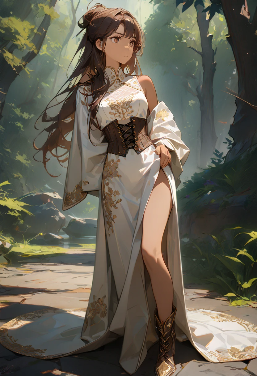 ((masterpiece), (8k) ,(4k) , (best quality), (high quality), (masterpiece)), Solo, ((female), (dark brown hair), (long hair), (brown eyes), (Slightly tanned skin)), look away, ((white dress), (dress to the knee), (dress by the shoulder), (leather corset), (single slit dress), (gold embroidery bottom part of the dress), (black long pants), (pants under dress)), ((carrying spear)), forest background, embroidery clothes, full body, all kind of hairstyle, inspired by Asukaziye artist : ask, art style : ask