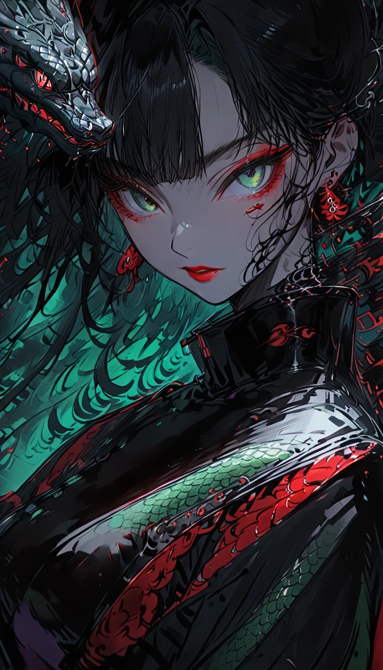 in style of Gary Grayson,in style of Aleksi Briclot,
1girl,glowing neon green japanese kimono,looking at viewer,black coiled hair,skull hair decoration,death gothic,red eyes,(head_tilt:1.7),(insanely detailed and intricate, hypermaximalist, elegant, ornate, hyper realistic, super detailed),(bangs_pinned_back:1.5),