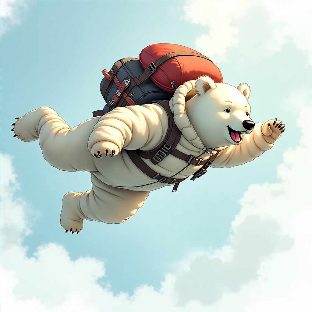 A watercolor-style illustration of a polar bear humanoid, wearing warm, layered clothing and carrying a large, eye-catching backpack, mid-sky during a thrilling skydive. The bear's dynamic pose captures the sense of rapid descent, with its fur and clothing flowing in the wind. The background consists of a vast sky with soft clouds and hints of motion blur to emphasize speed and movement. The oversized backpack stands out, detailed with straps and gear, adding a sense of adventure. The brushstrokes are light and fluid, with soft blue, white, and earthy tones blending together to enhance the watercolor aesthetic and the feeling of excitement, (watercolor style, polar bear humanoid, skydive, large backpack, warm layered clothing, dynamic pose, motion blur, flowing fur, vast sky, soft clouds, rapid descent, sense of movement, adventure, soft blue, white, earthy tones, light brushstrokes)