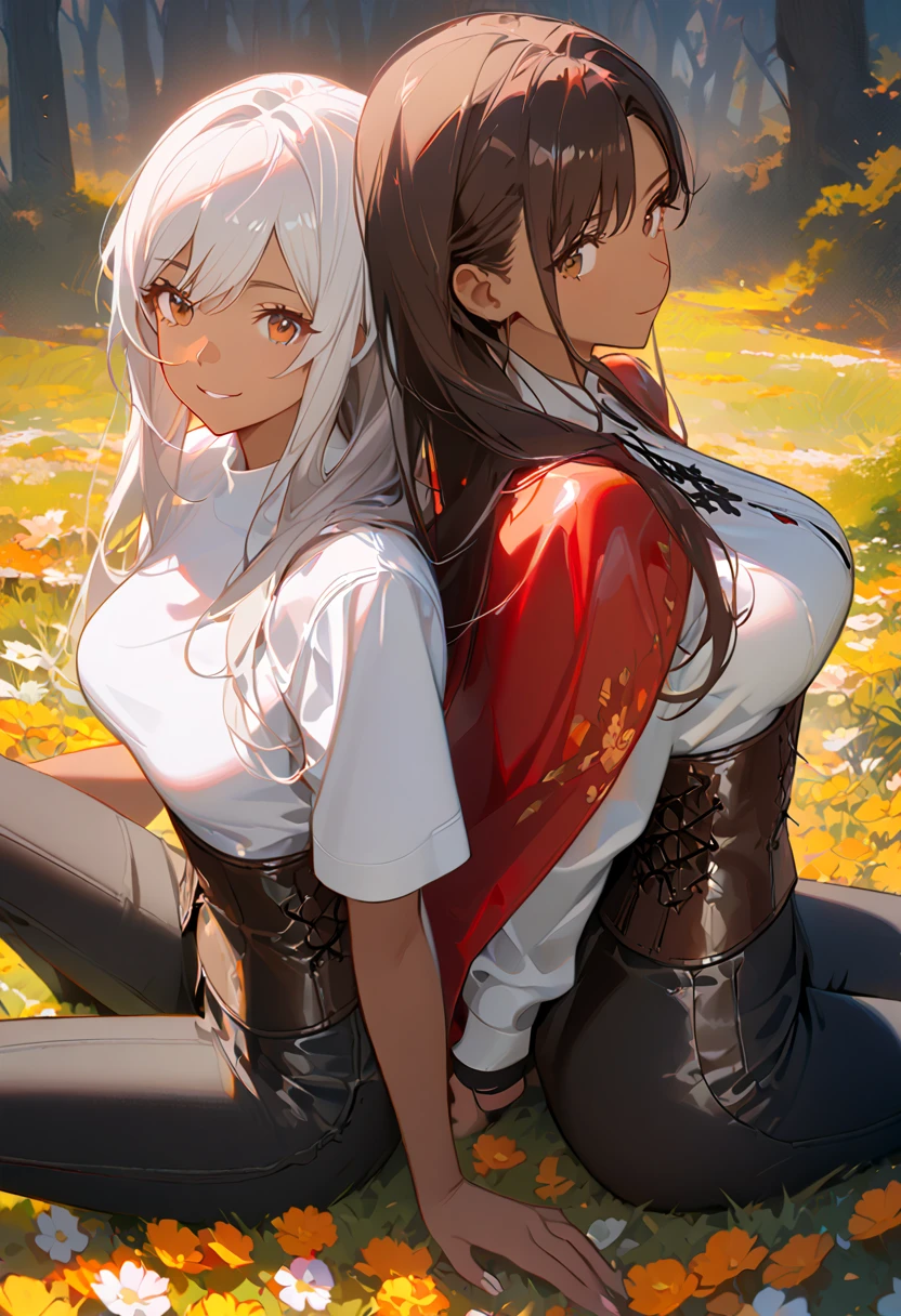 masterpiece, (2 female), (back to back), (backing each other), (backing), ((Front girl with dark brown hair), (slightly tanned skin), (long hair), (brown eyes), (smiling gently), (look away), (white shirt), (shirt by the shoulder), (leather corset), (black long pants), (sitting)), ((Back female on the background), (Lighter skin), (white long hair on the background), (black clothes with red cape), (face slightly facing up)), flower field, forest background, camera pov from above slightly to the side, (only showing black hair female face), (white hair female on the back side), 8k ,4k , best quality, high quality, masterpiece, embroidery  clothes, big chest, all kind of hairstyle, inspired by Asukaziye artist : ask, art style : ask