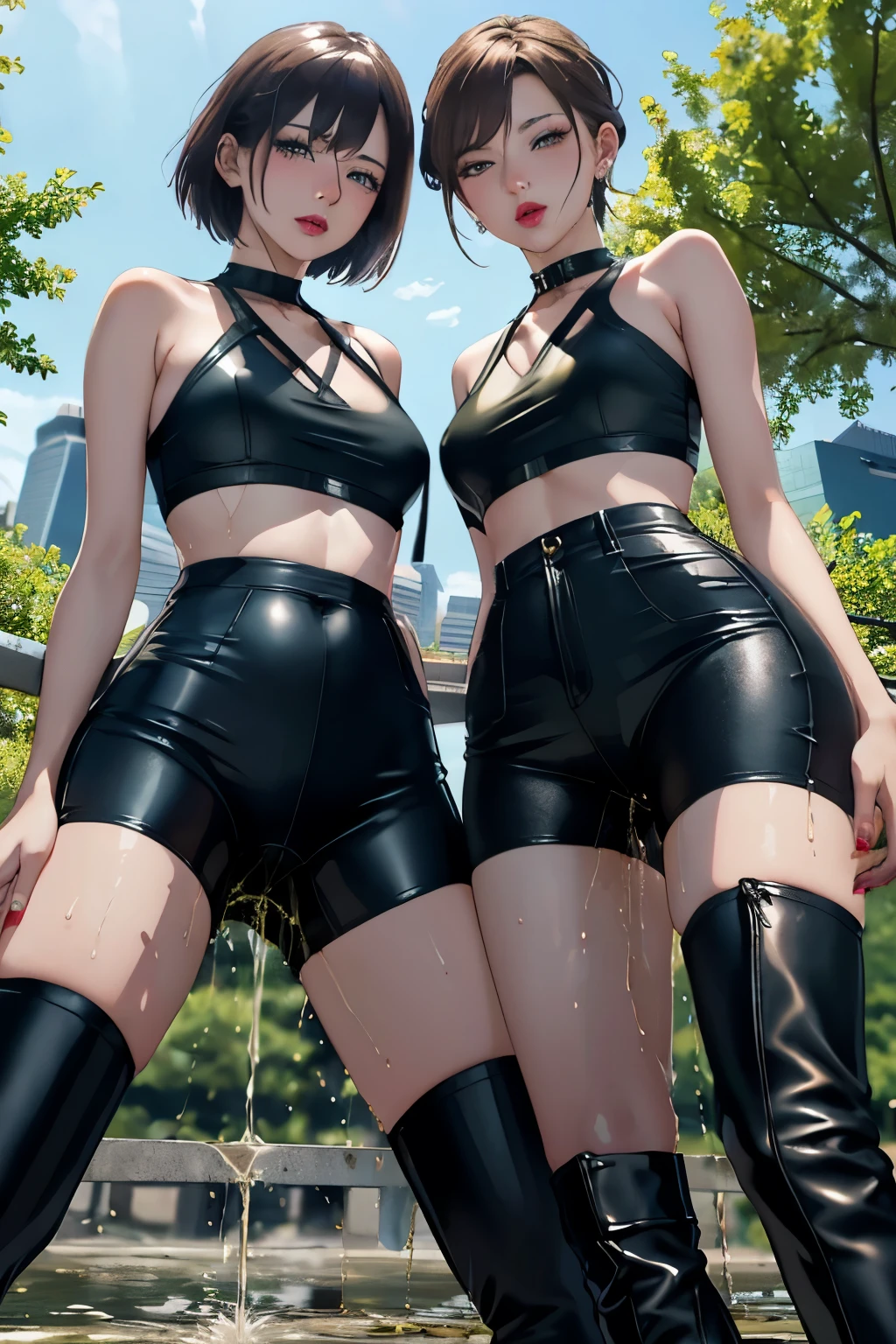 High resolution, Beautiful woman, Attention to detail, Good lighting, Obscene, Hentai, (((Bike Shorts))), (Leather halter top), (Abdominal area only), (Camel Toe), (((Thigh-heeled leather boots))), (Bare thighs), (Wet shorts), (((Be incontinent))), (((Peeing))), (((Peeing on your own))), (Pee running down my legs), Pee stains, (puddle), (Thick thighs), Nice long legs, lipstick, Pretty face, (Full Body Shot), ((In the city park、With many beautiful lesbian women embracing each other)), Heherz、Camel Toe、Giant tit、Nipple Puffs、Cleavage、Plump、Super big breasts、Super big butt