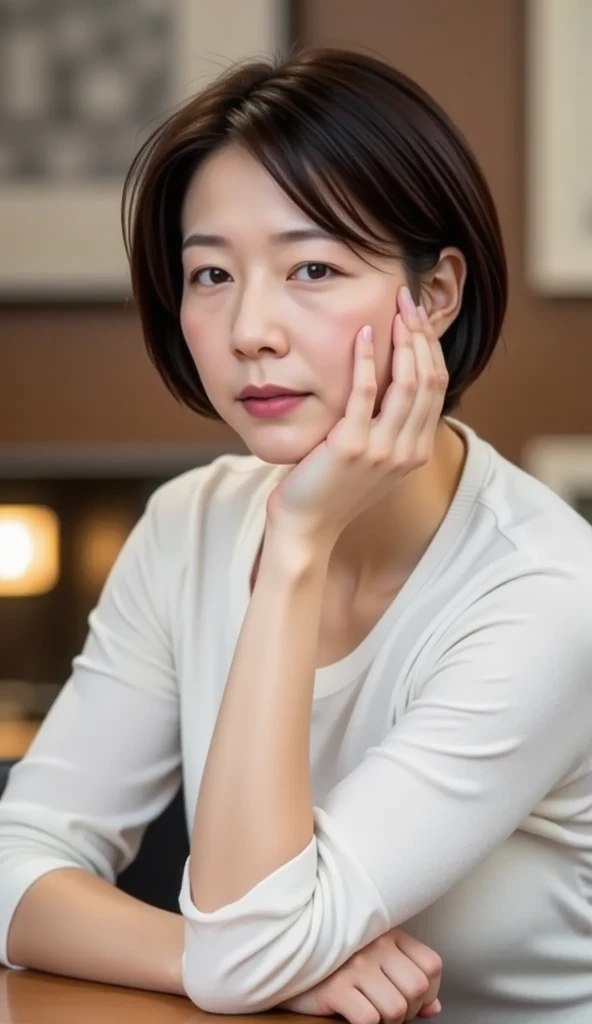 ((  top quality, 8k,   table top in front of you  :1.3)),  Sharp Focus  :1.2, beautiful mature  , 40-year-old married woman ,    mature , sexy、Madame Yukan、 short hair、 natural makeup、 random pose to take a picture of the front、smile、lure、