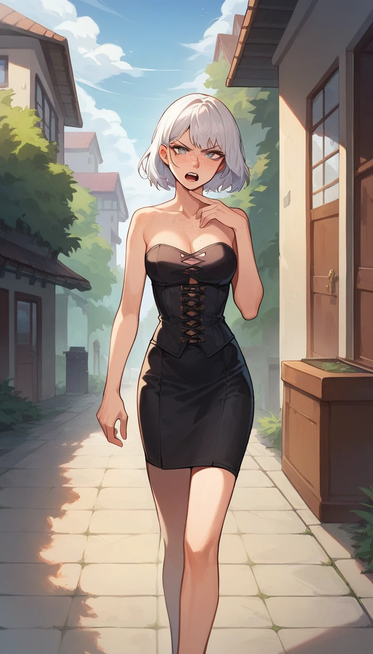 One anime girl, Korean girl 24 years old with long white hair Smooth long , medium gray eyes Pupil with long eyelashes, freckles on the cheeks and nose, light skin, de perfil, With an angry look, raising his arm while taking his finger out of the middle, with a black corset and a black skirt, walking down the corridor of a house