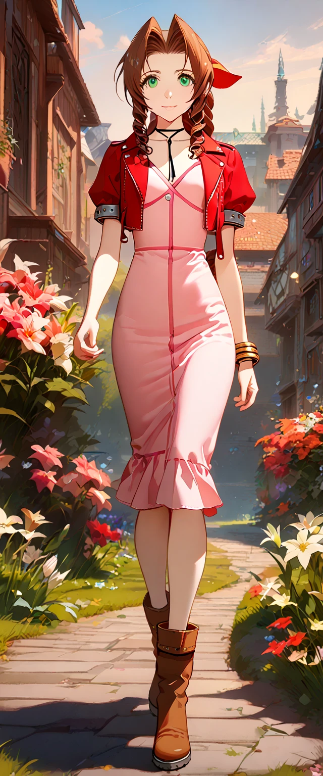 ((masterpiece), (best quality), (8k), (4k)), ((girl)), ((Final Fantasy VII), (Aerith Gainsborough)), ((brown hair), (high middle bang), (longer side curly bang), (long tight curly ponytail like braid)), ((green eyes), (red hair ribbon), (red bolero jacket), (short sleeve jacket), (cropped jacket), (black tie choker)), ((long pink straight dress), (brown boots), (bangles)), walking in a garden, flowers, detailed background, inspired by Asukaziye artist : ask, art style : ask