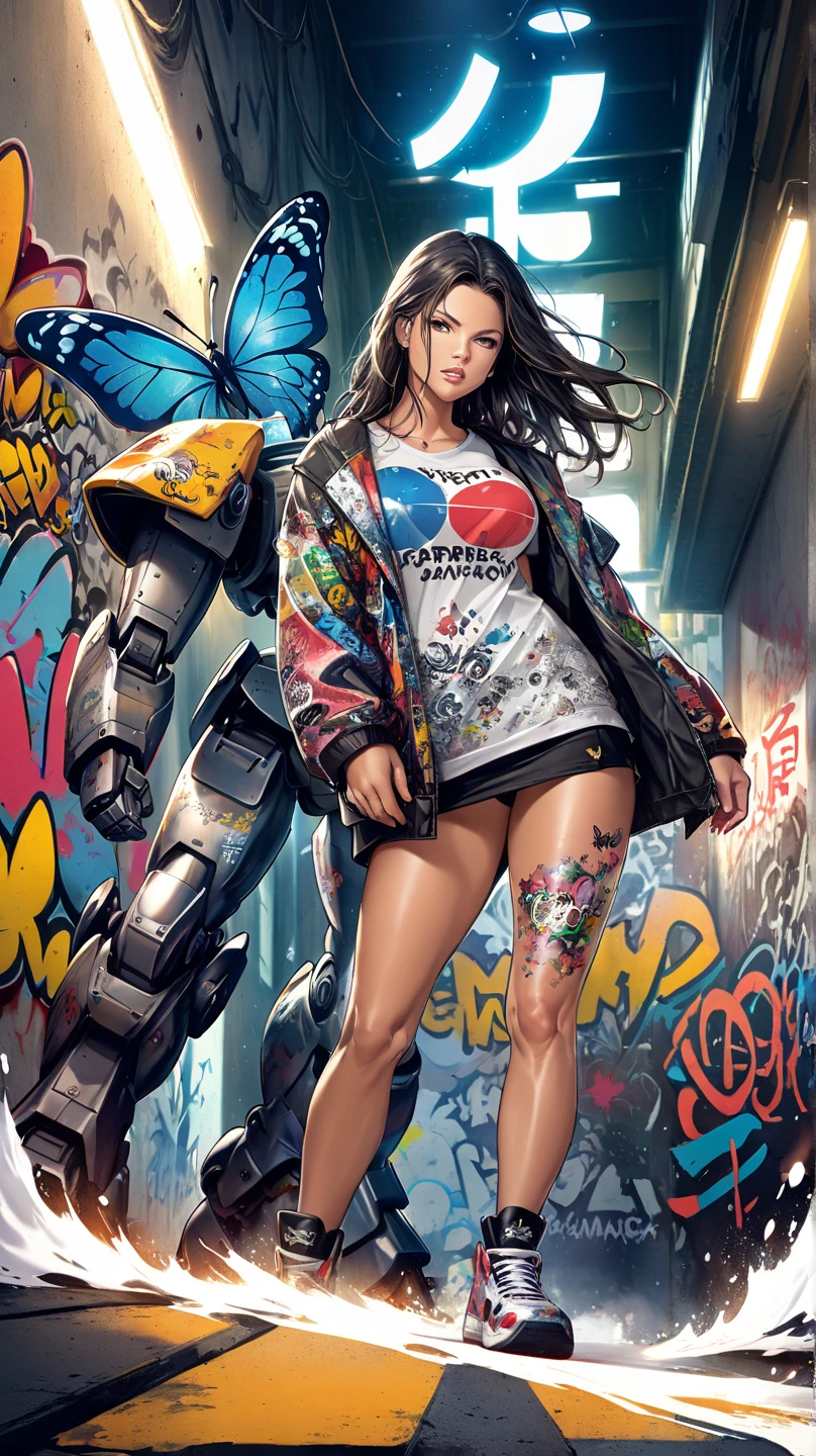 Cinematic, realistic, close-up, cinematic a one beautiful adriana lima mix kelly brook woman COM cabelo preto  muito lindo e cheio , in the background BEAUTIFUL tempo ensolarado degradê, shot with macro shine mecha ::Bottom, mixed language_text, Japanese graffiti letters, , Excellent lighting, side lighting, perfect ending :: comix style by joe madureira :: circular pieces of white metal glued to the ultra detailed arms giving off a sparkling shine, perfect and detailed, ultra detailed shirt with abstract design and Japanese graffiti lettering print on the sides of the garment, image of garotas with big breast, Banksy Art sticker, butterflies, , alm, Illustration digital, Comic style, , centered, Approaching perfection, dynamic, Highly detailed, watercolor painting, art station, conceptual art, suave, sharp focus, Illustration, arte de Carne Griffiths e Wadim Kashin
